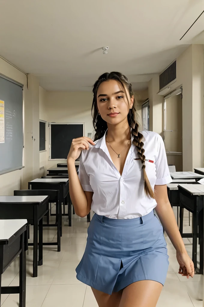 ((masterpiece)), ((best quality)), ((realistic photo)), a beautiful girl, hair in 2 braids, proportional face, detailed face, school uniform, white shirt, short gray skirt, cleavage, big thighs, perfect body anatomy, classroom background, desks, chairs, neatly arranged, clean floor, highly detailed, professional photos, ultra detailed, 8k photography, HDR, depth of field, high resolution,(absurdes:1.2), kodak potra 400