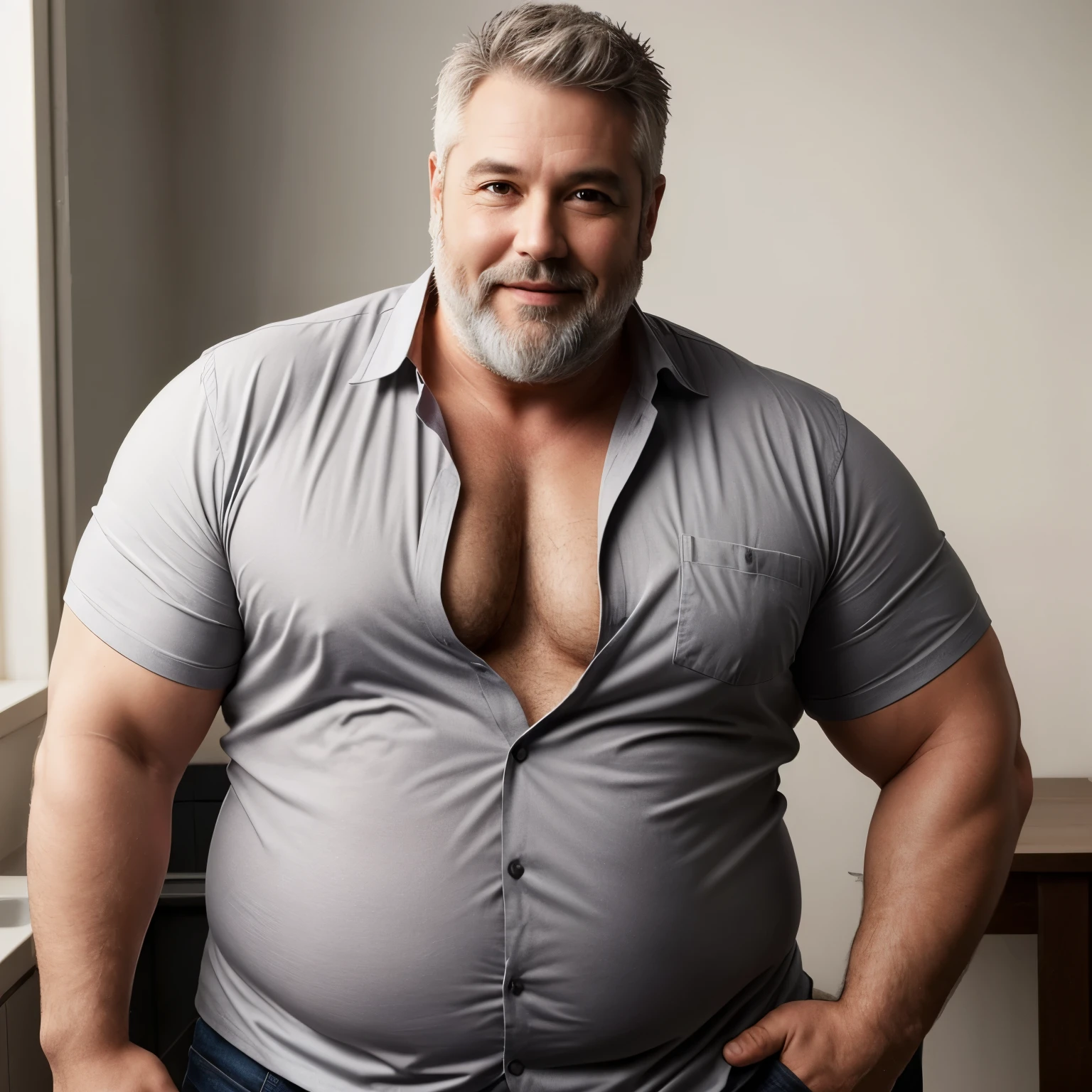 Chubby, fat, male middle aged,thin beard, flirting , big chest, dynamic light, opened Shirt, Gray hair and beard, extremely hot and sexy, Daddy figure, hot daddy, boss,