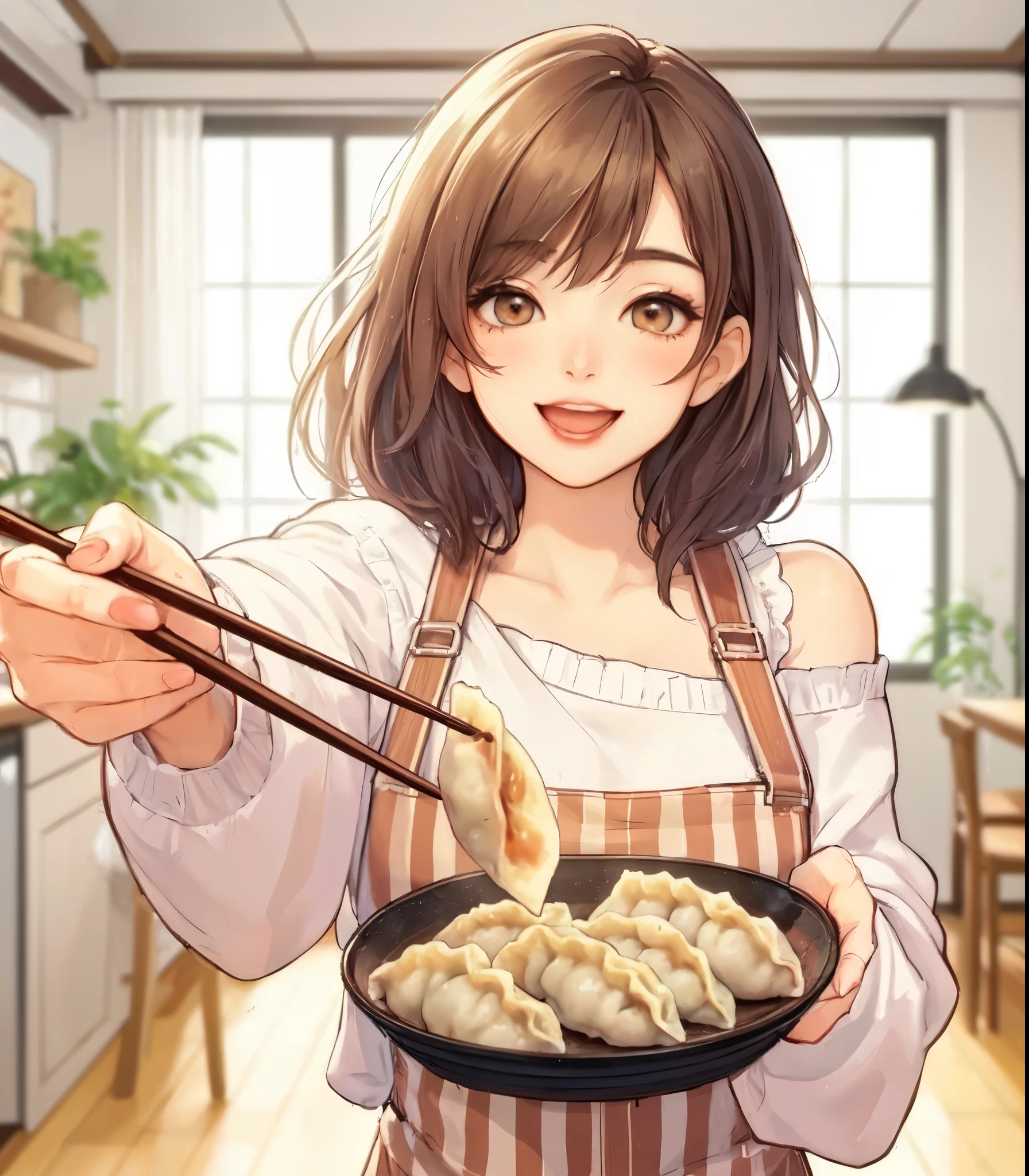 1lady solo, (holding up (gyoza dumplings) with chopsticks:1.2), (presenting dumplings towards viewers), (stylish outfit) apron, mature female, /(brown hair/) bangs, blush happy smile (open mouth), (masterpiece best quality:1.2) delicate illustration ultra-detailed, large breasts BREAK (dumplings baked and sizzling) BREAK (modern house living room) indoors