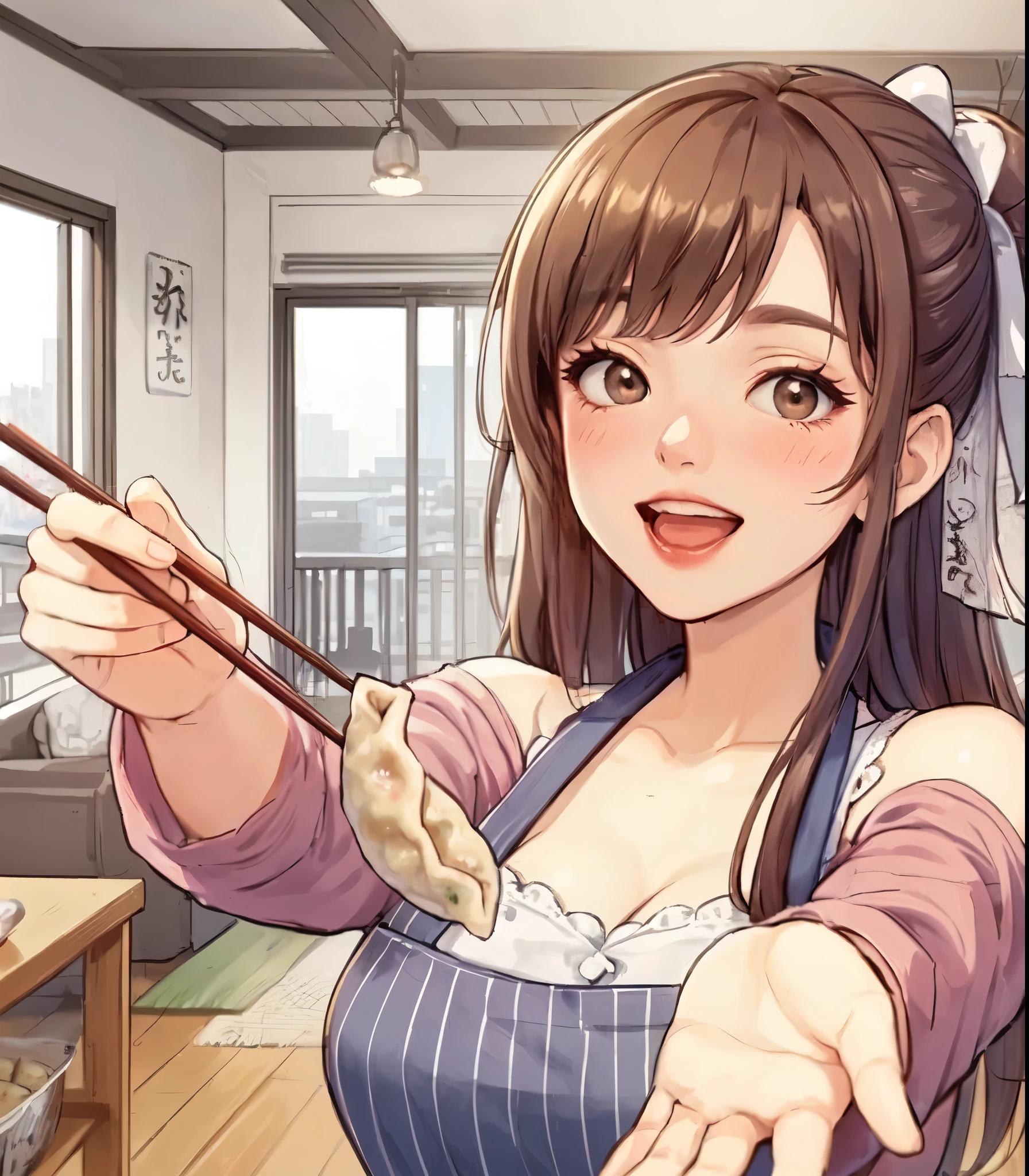 1lady solo, (holding up (gyoza dumplings) with chopsticks:1.2), (presenting dumplings towards viewers), (stylish outfit) apron, mature female, /(brown hair/) bangs, blush happy smile (open mouth), (masterpiece best quality:1.2) delicate illustration ultra-detailed, large breasts BREAK (dumplings baked and sizzling) BREAK (modern house living room) indoors