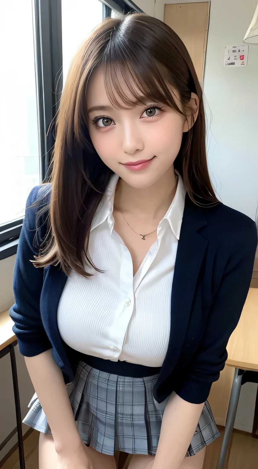masutepiece, Best Quality, Illustration, Ultra-detailed, finely detail, hight resolution, 8K Wallpaper, Perfect dynamic composition, Beautiful detailed eyes, ,Medium Hair, Big breasts, Natural Color Lip, Random and sexy poses,Smile、20 years girl、 After-school classroom、 high school giller suit、a miniskirt、Loose socks、