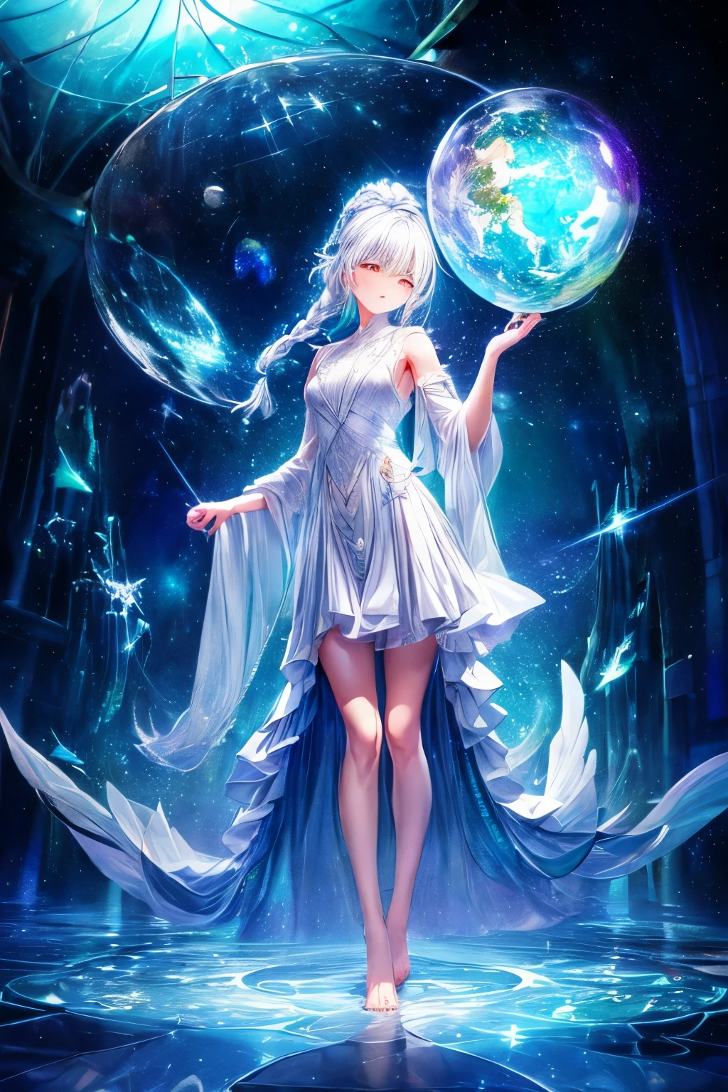 (((green, silver, glimmer)), limited palette, contrast, phenomenal aesthetic, best quality, sumptuous artwork, (masterpiece), (best quality), (ultra-detailed),(((illustration))), ((an extremely delicate and beautiful)),(detailed light),1girl,cold theme, broken glass, broken wall,((an array of stars)),((starry sky)),the Milky Way,star,Reflecting the starry water surface,(1girl:1.3)aqua theme,white hair,blinking,white dress,closed mouth,constel lation,flat color,noline art,full Glass sphere,girl inside glass sphere,white hair,braid,blinking,white robe,bust \(sculpture\),barefoot,float,closed mouth,constel lation,flat color,holding,holding wand,looking up,standing,male focus,medium hair,standing,solo,space,universe,utaite(singer),Nebula,many stars,,