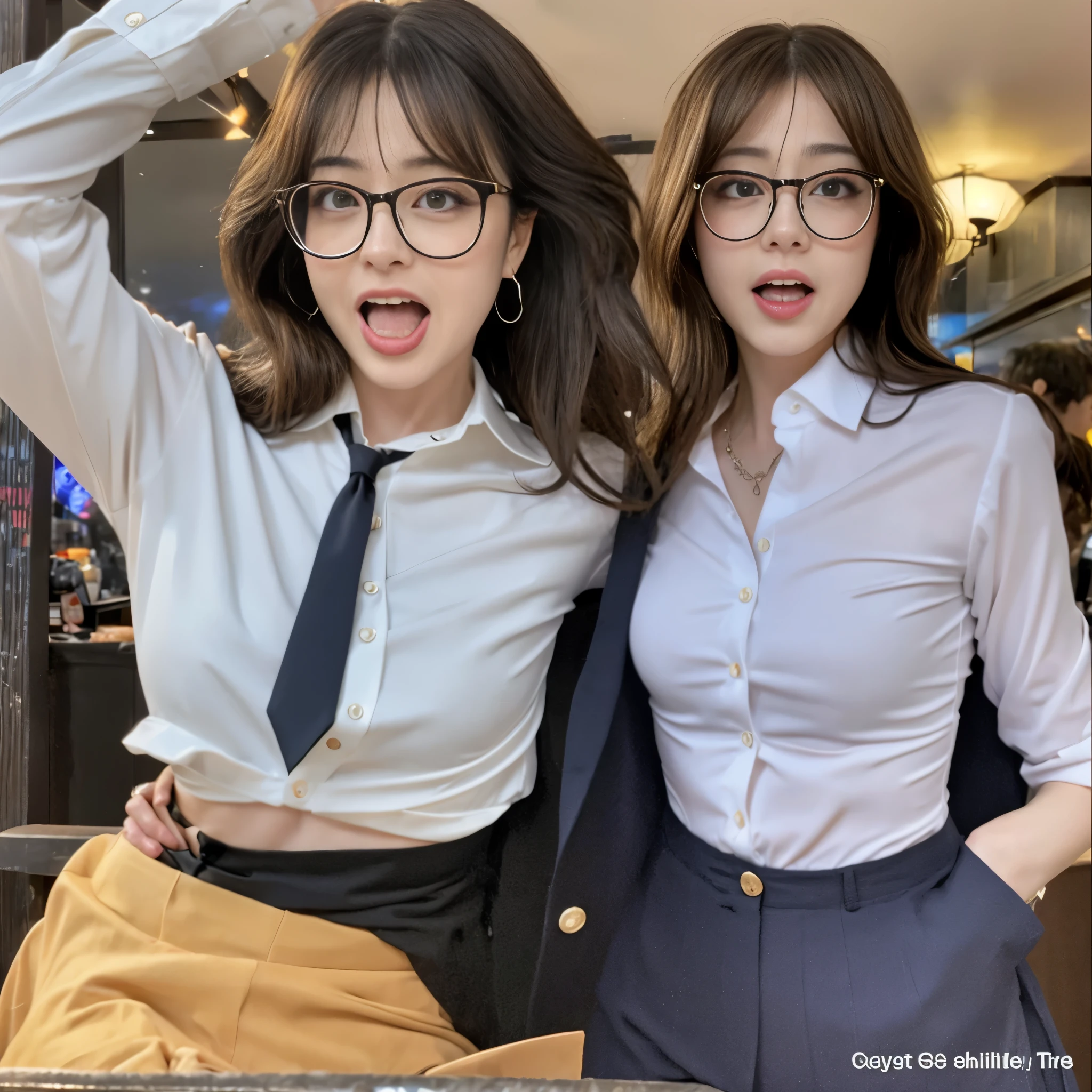 realisitic、8K、drooling、Ecstatic look、I'm excited、Tight suit、shirt、1 person woman、Woman in glasses、32years old、big butts、high-heels、tipsy at a bar、This is because it is skeletally correct.