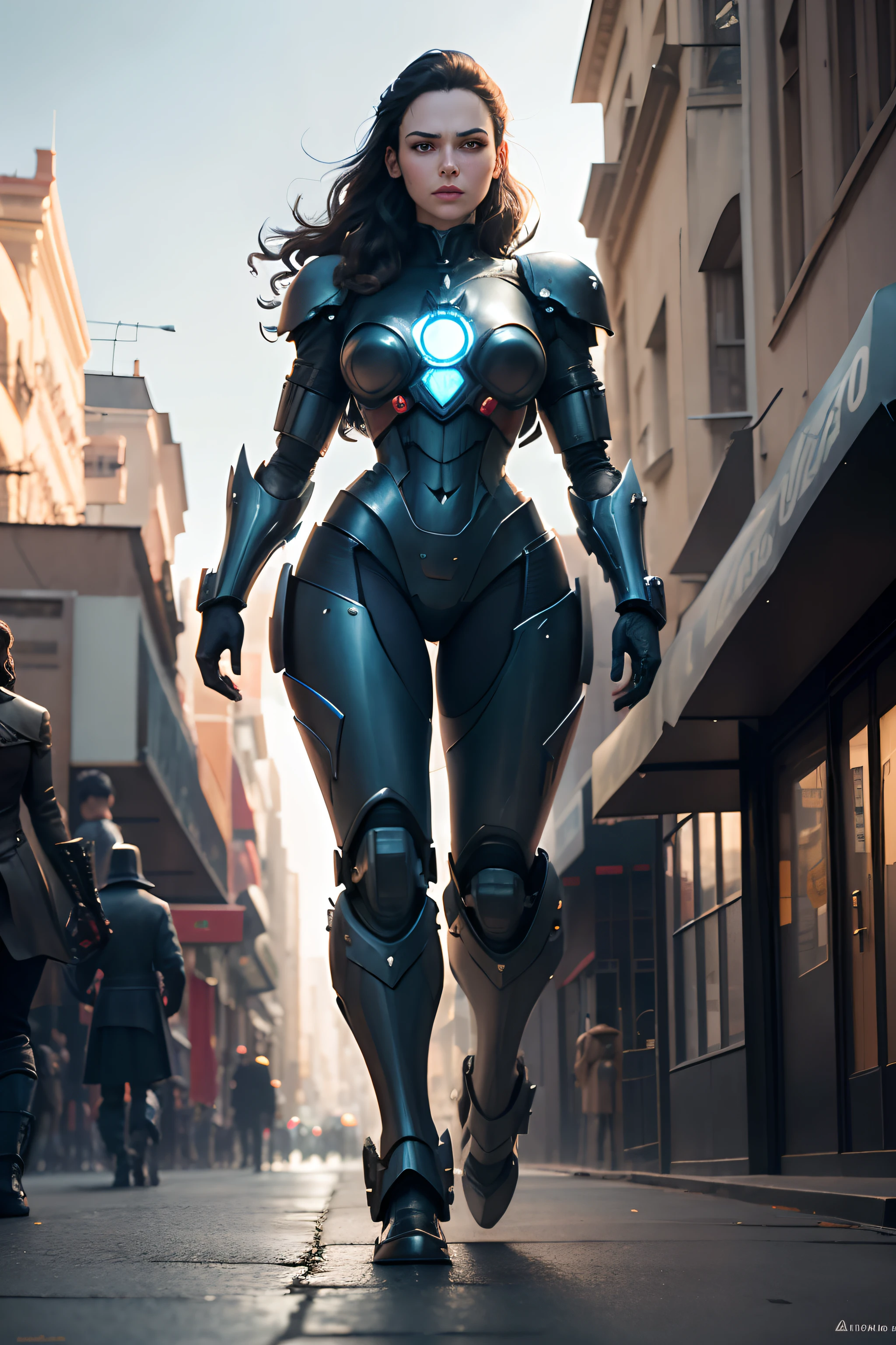 arafed robot standing on city street，a lady walks by, author：william of the bull, 盖尔·加朵的cinematic Film still from, Symmetrical dieselpunk warrior, giant titan creature in the center, author：Slobodan Pejic, cinematic Film still from, victorian setting, author：Augustin Fernandez, Rorschach , from avengers (2012)