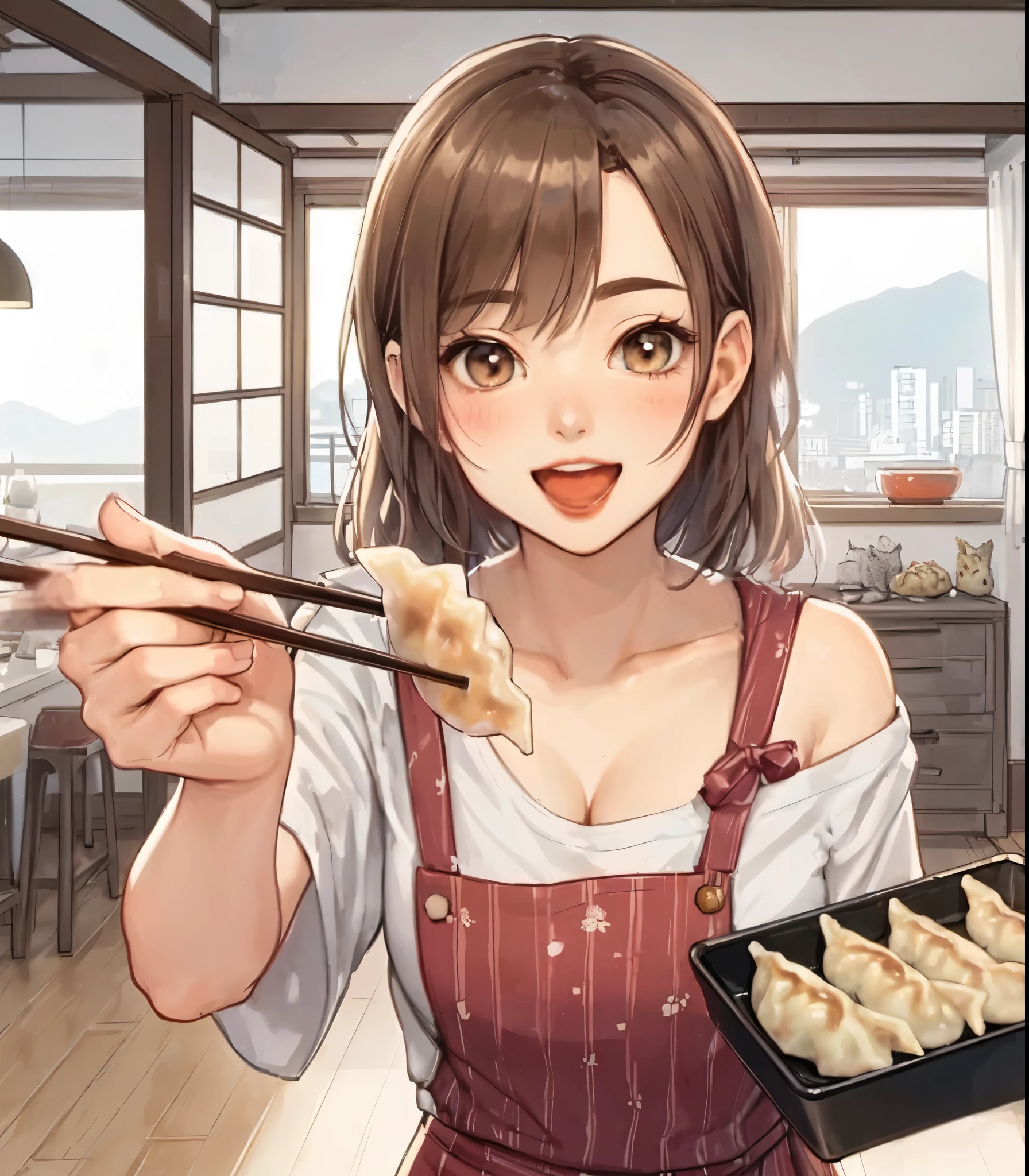 1lady solo, (holding up (gyoza dumplings) with chopsticks:1.2), (presenting dumplings towards viewers), (stylish outfit) apron, mature female, /(brown hair/) bangs, blush happy smile (open mouth), (masterpiece best quality:1.2) delicate illustration ultra-detailed, large breasts BREAK (dumplings baked and sizzling) BREAK (modern house living room) indoors