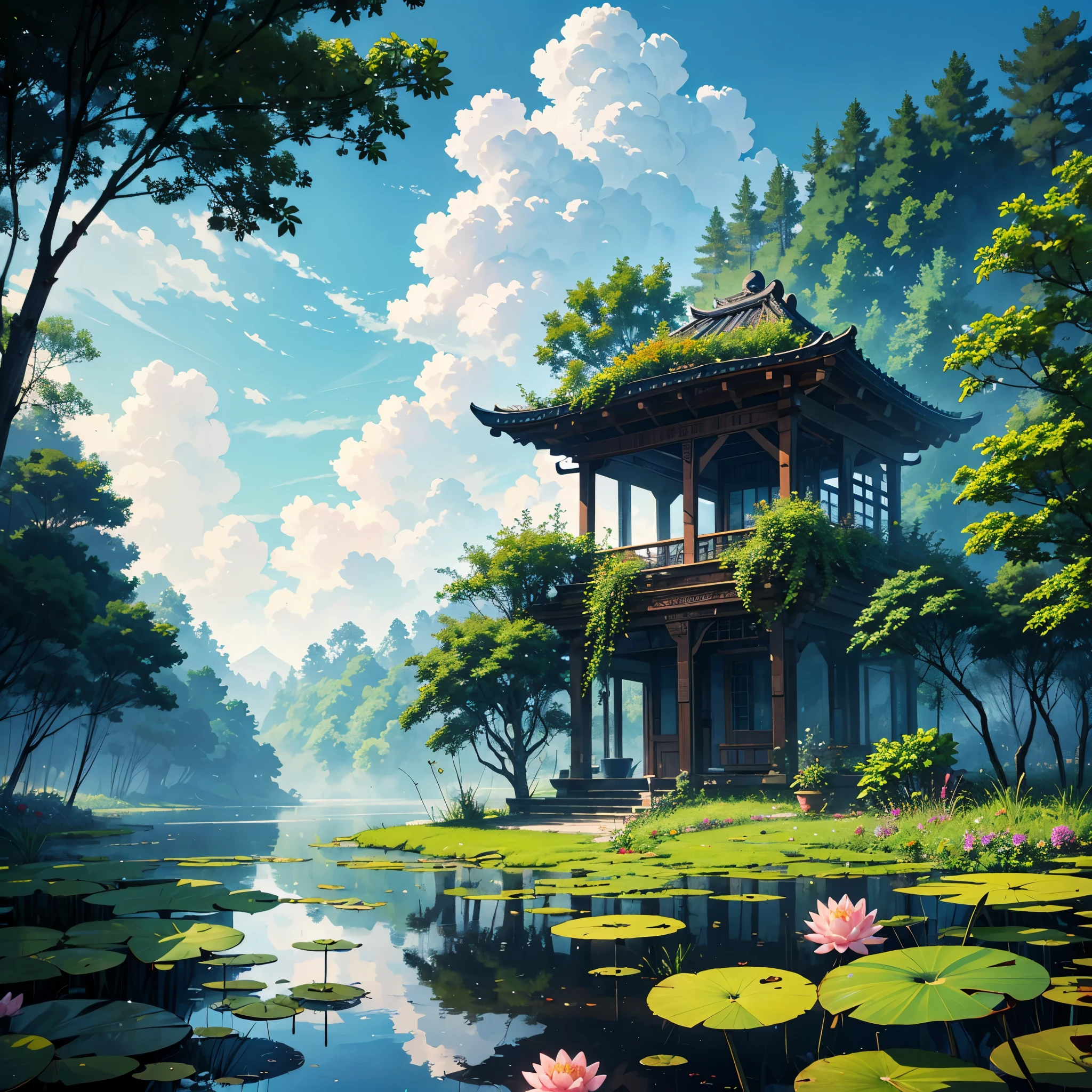 Best Quality、masutepiece、8K、lotus leaves:3、water lily:3、(foggy、cloudiness)、the woods、bog