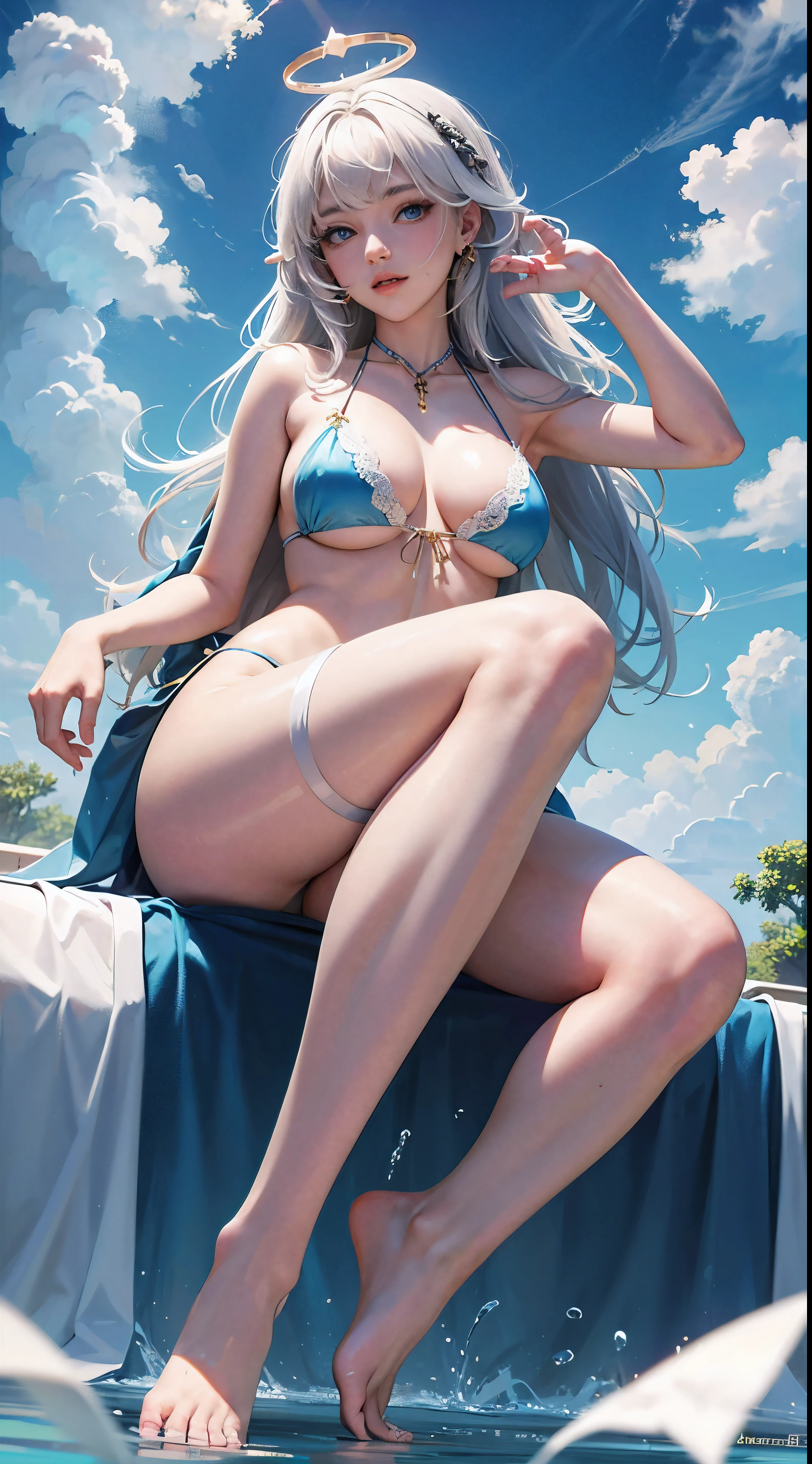 high high quality,tmasterpiece,ultra - detailed,A high resolution,,navel,比基尼,hand on her own chest,,The halo,Full body lesbian,An extremely delicate and beautiful girl,Big blue eyes,Raised sexy,8K,,Bess,centado sul playa,lace panty hose,with her mouth open,,Cute nose,Cute and beautiful girl,The legs are relatively long,Bigchest,The eyes are relatively large,Long gray hair,The eyeballs are relatively large,sparkle in eyes,Tender feet,The nose is relatively large,white color hair,no shoe,Pretty big breasts,比基尼,at a forest,legs long,超级Pretty big breasts又可爱的脸,jade foot,
