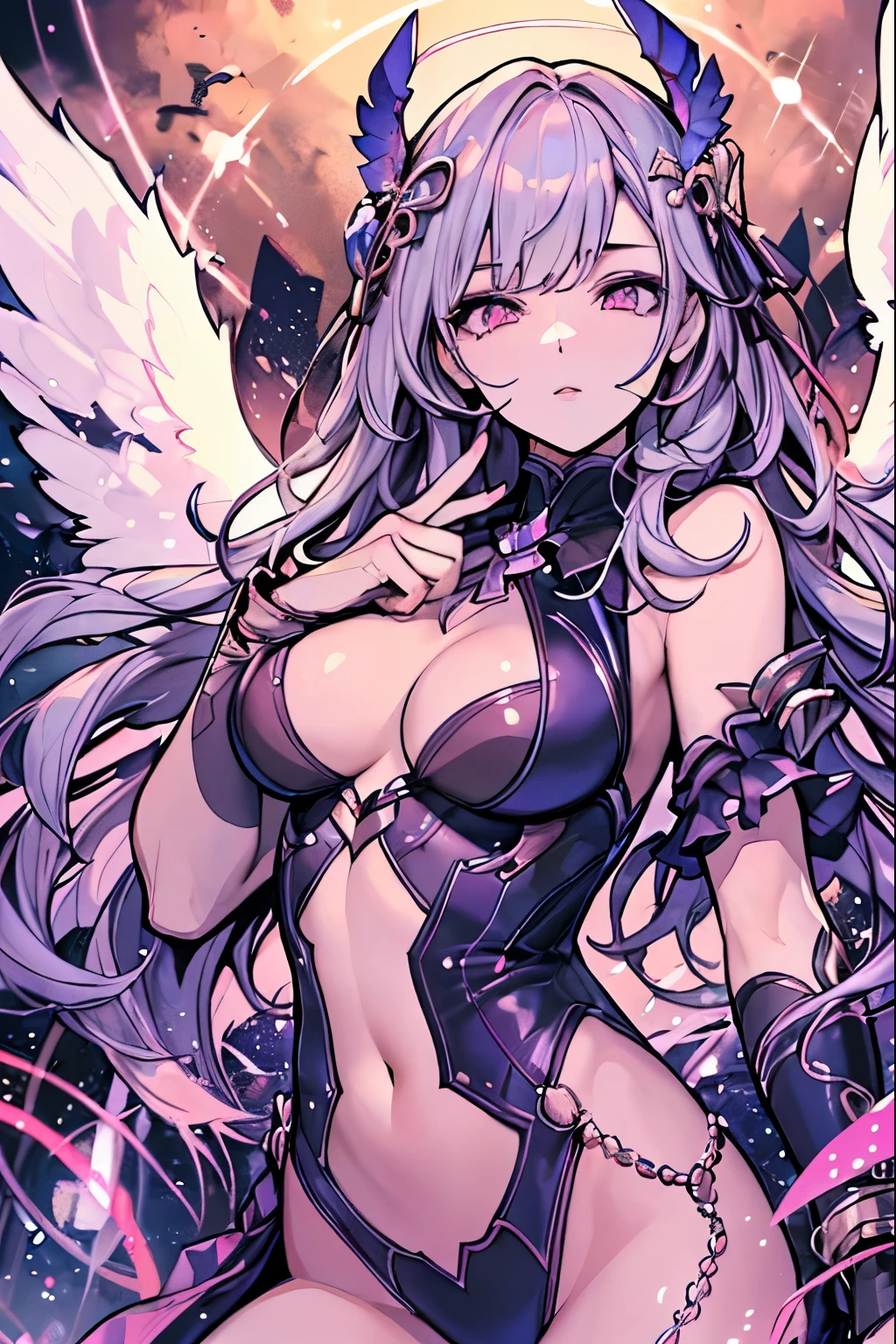 (8K, Best Quality, masutepiece:1.2), 1girl in, Beautiful angel woman, Wings on the back, Circle of Angels, A detailed eye, False lashes, a small nose, Toned body, Glossy thighs, large full breasts, Thumb and four fingers, Anatomically correct fingers, detail portrayal, Lustrous skin, Sparkle,