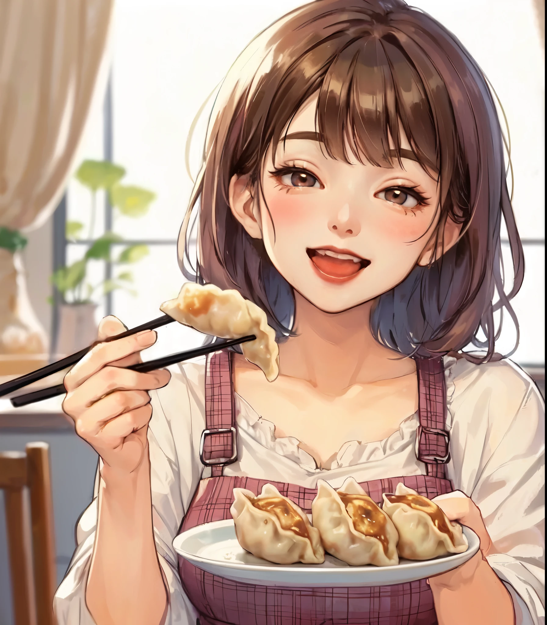 1lady solo, (holding up (gyoza dumplings) with chopsticks:1.2), (presenting dumplings towards viewers), (stylish outfit) apron, mature female, /(dark brown hair/) bangs, blush happy smile (open mouth), (masterpiece best quality:1.2) delicate illustration ultra-detailed, large breasts BREAK (dumplings baked and sizzling) BREAK (modern house living room) indoors