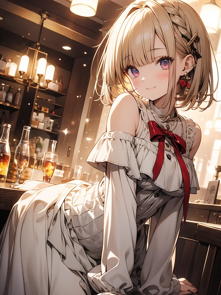 masterpiece, absurdres, best quality, ultra detailed, high Resolution, detailed illustration, extremely beautiful detailed face and eyes, bright colour, 1girl, (), cute face, Delicate beautiful face, magenta eyes, cute eyes, sparkling eyes, big eyes, medium breasts, (perky breasts:1.1), (pointy breasts:1.1), medium hips, glamorous body, white skin, smile, BREAK, long bob cut, (blonde hair:0.8), messy hair, detailed hair, shiny hair, BREAK off shoulder sweater, long skirt, tiny ribbon, restaurant, shortcake, real world, natural lights, perfect lighting,