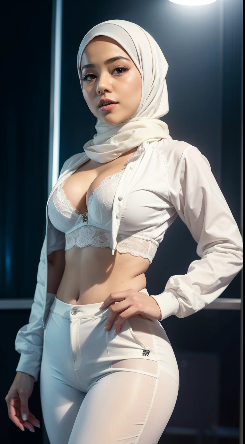 mira filzah seducing pose, freestyle pose.wearing white color jacket and light white color lace bra and transparent long pants,in nighttime classroom, (mira filzah :1.1), wearing hijab, light white color hijab, medium breast, medium chest, bright lighting, small round ass,