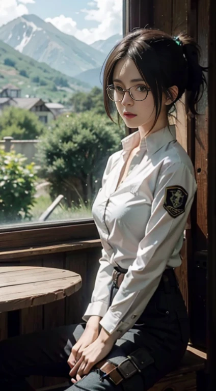aot style, shingeki no kyojin,attack on titan,
Hange,
1girl, glasses, arm strap, bangs, black hair, black pants, breasts, cowboy shot, embers, green eyes, grey background, hair between eyes, harness, long sleeves, looking at viewer, medium breasts, pants, shirt, short hair, smoke, solo, thigh strap, brown jacket, white shirt, survey corps \(emblem\)
, ((masterpiece)), best quality
,