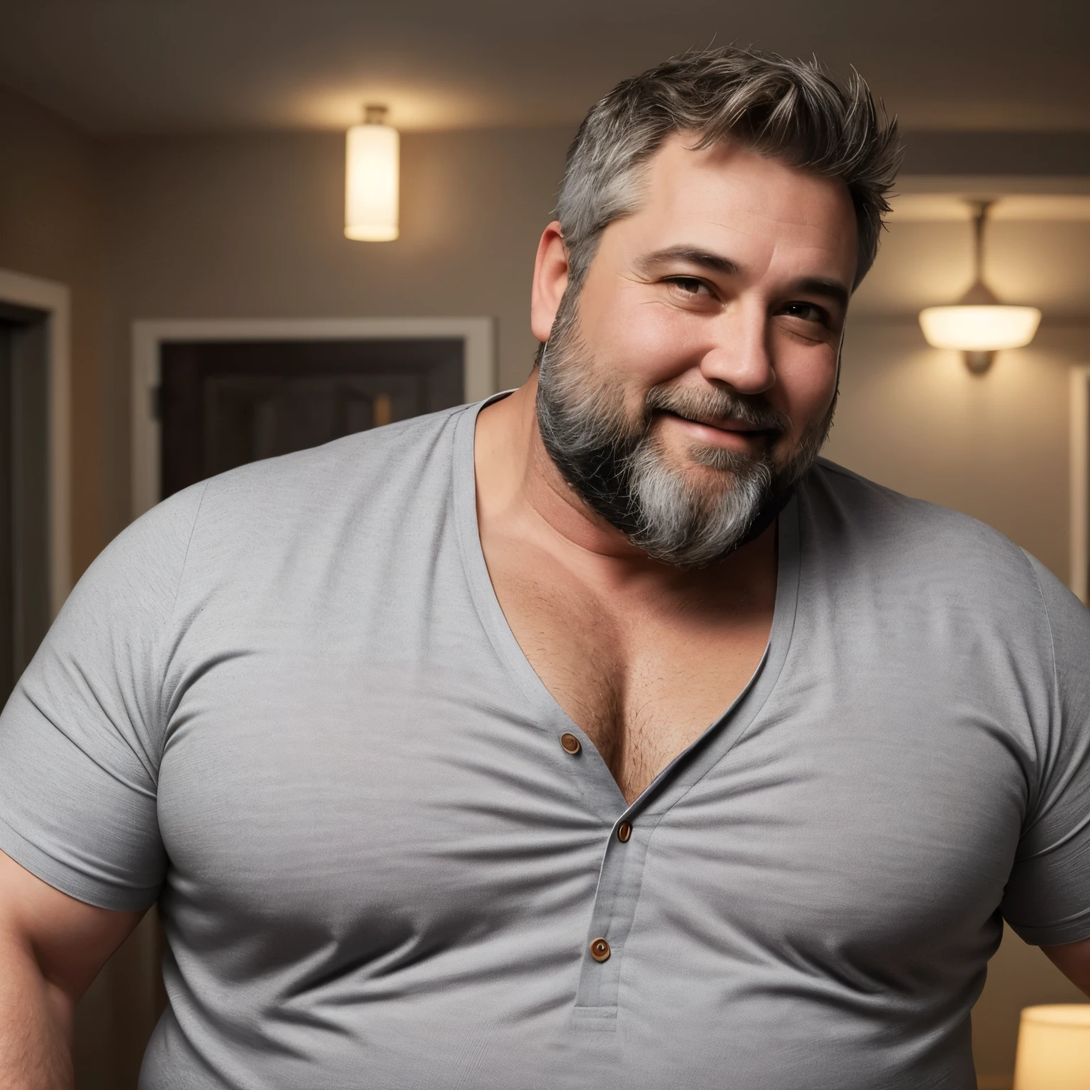Chubby, fat, male middle aged,thin beard, flirting , big chest, dynamic light, opened Shirt, Gray hair and beard, extremely hot and sexy, Daddy figure, hot daddy, boss, Extremely realistic photo