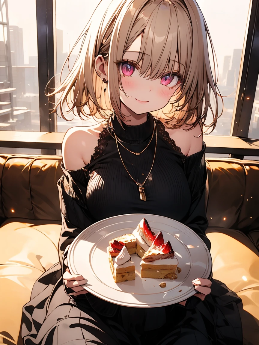 masterpiece, absurdres, best quality, ultra detailed, high Resolution, detailed illustration, extremely beautiful detailed face and eyes, bright colour, 1girl, (loli), cute face, Delicate beautiful face, magenta eyes, cute eyes, sparkling eyes, big eyes, medium breasts, (perky breasts:1.1), (pointy breasts:1.1), medium hips, glamorous body, white skin, smile, BREAK, long bob cut, (blonde hair:0.8), messy hair, detailed hair, shiny hair, BREAK off shoulder sweater, long skirt, tiny ribbon, restaurant, shortcake, real world, natural lights, perfect lighting,