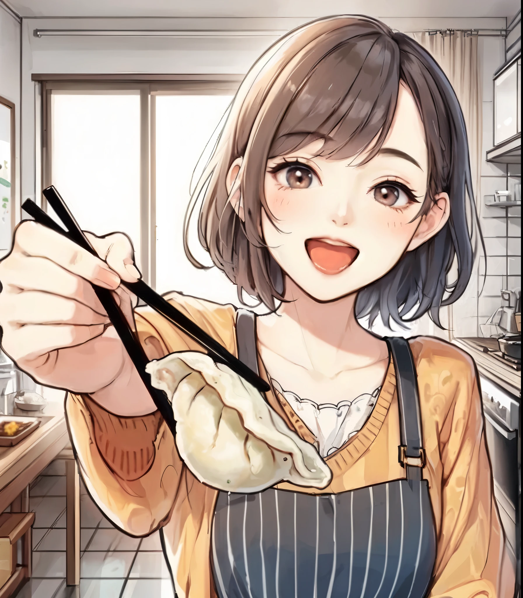 1lady solo, (holding up (gyoza dumplings) with chopsticks:1.2), (presenting dumplings towards viewers), (stylish outfit) apron, mature female, /(black hair/) bangs, blush happy smile (open mouth), (masterpiece best quality:1.2) delicate illustration ultra-detailed, large breasts BREAK (dumplings baked and sizzling) BREAK (modern house living room) indoors