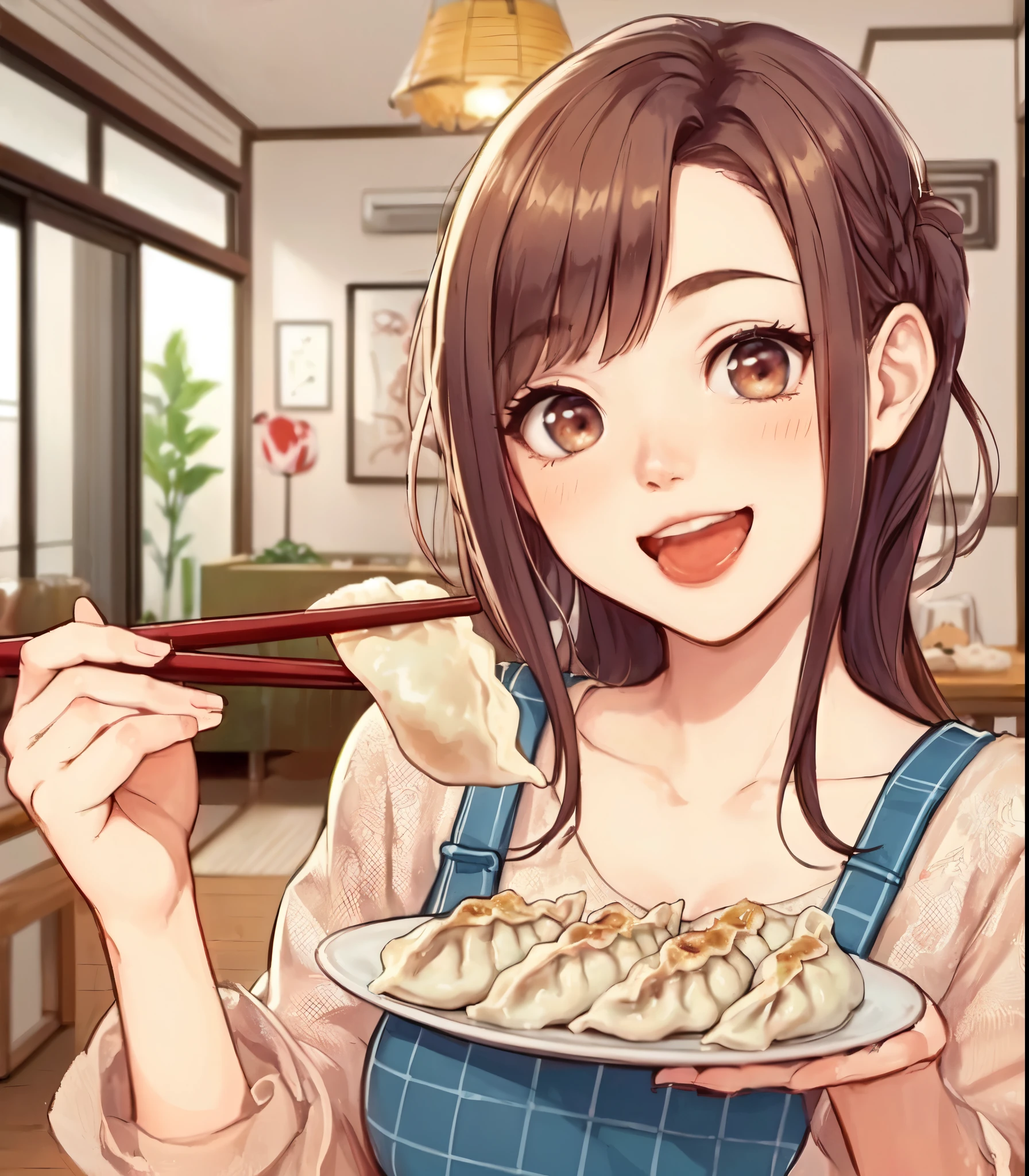 1lady solo, (holding up (gyoza dumplings) with chopsticks:1.2), (presenting dumplings towards viewers), (stylish outfit) apron, mature female, /(brown hair/) bangs, blush happy smile (open mouth), (masterpiece best quality:1.2) delicate illustration ultra-detailed, large breasts BREAK (dumplings baked and sizzling) BREAK (modern house living room) indoors