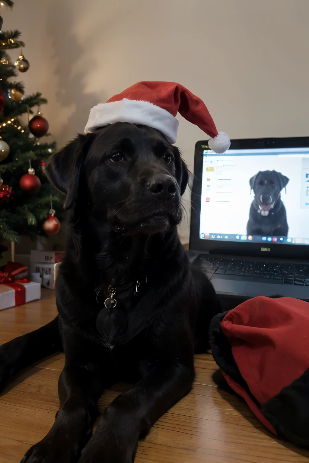 Black Labrador wearing a Santa hat working on the laptop in front of the Christmas tree. The Dall-E3 start interface can be seen on the laptop with a search for a picture of a black Labrador with a Santa hat