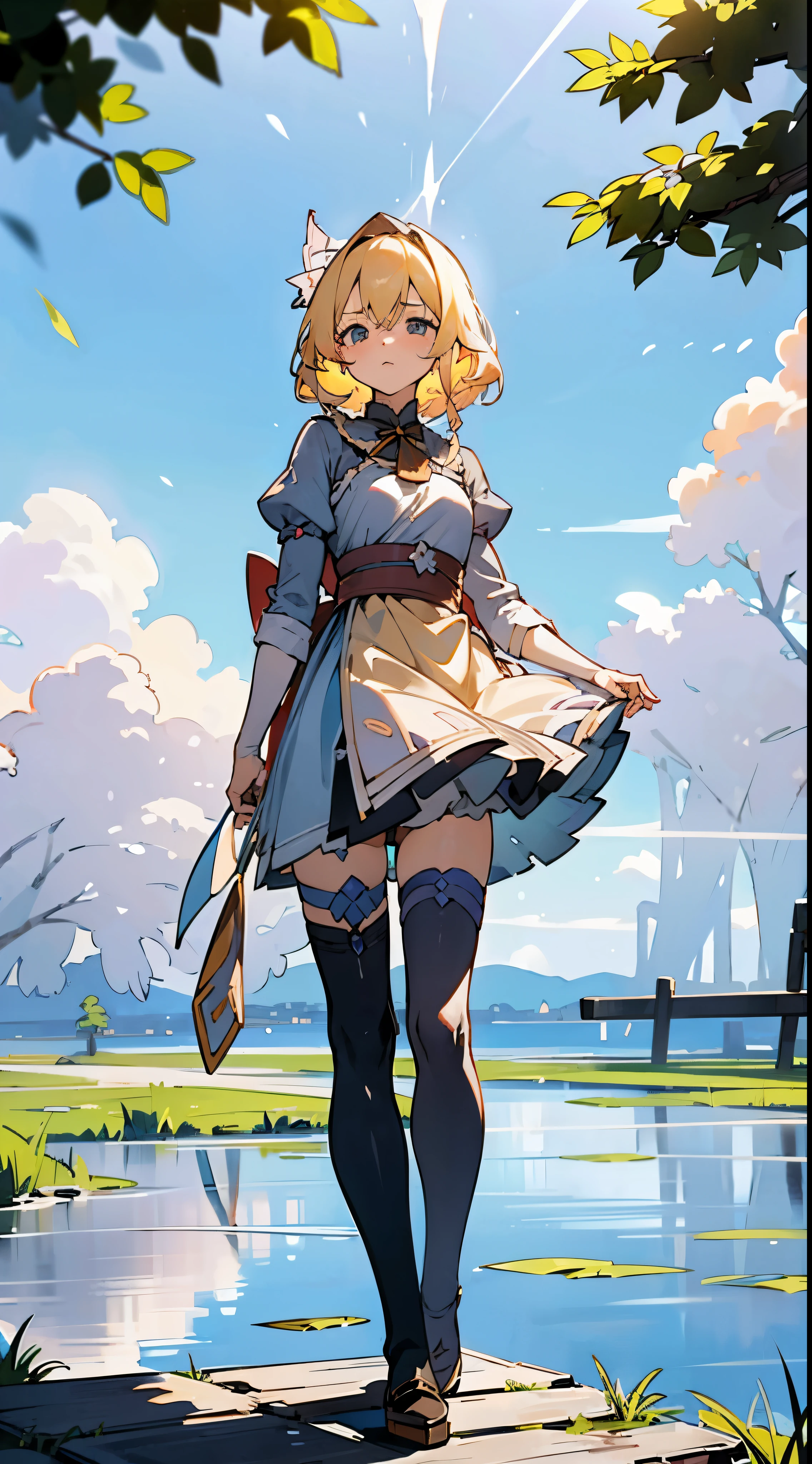 anime styled, The ultra -The high-definition, alice in the wonderland, Super cute girl, ((a blond:1.4)), ((long:1.4)), shame, He&#39;He恥ずかしそうな表情で私を見ている., light blue fluttering short dress, frilldの付いた白いエプロンスカートを重ねる, frilld, A large white ribbon is tied behind the waist of the dress.. , B-cup breast, Light blue fluttering mini skirt, 両足ともハイソックスは爪先から太ももの半ばあたりまであるlongい白色のknee high, ((knee high:1.4)), and draw the full body, in the forest where bright sunlight shines through, Clothes are disheveled、Chest exposed, teatsが見えている, ((teats:1.4)), Her skirt is in disarray and her crotch is visible., 股のFemale genitalsが見えている, ((Female genitals:1.4)), pee, お漏らししてpeeが股から勢いよく出ている,  Excreted urine runs down the thighs and wets the ground., ((pissing:1.5)), i&#39;Hold out your hand as if inviting me here, Girls are watching this, Please draw from a low angle.