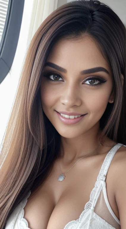 Mujer sexy con sujetador de encaje, pechos demasiado grandes, labios rojos intensos, inclinada hacia adelante en primer plano, brazo hacia atras, senos, mommy, latina, cabello largo lacio, ojos azules, SFW, lactando, cabello color cafe, sonrisa, dientes blancos hermosos