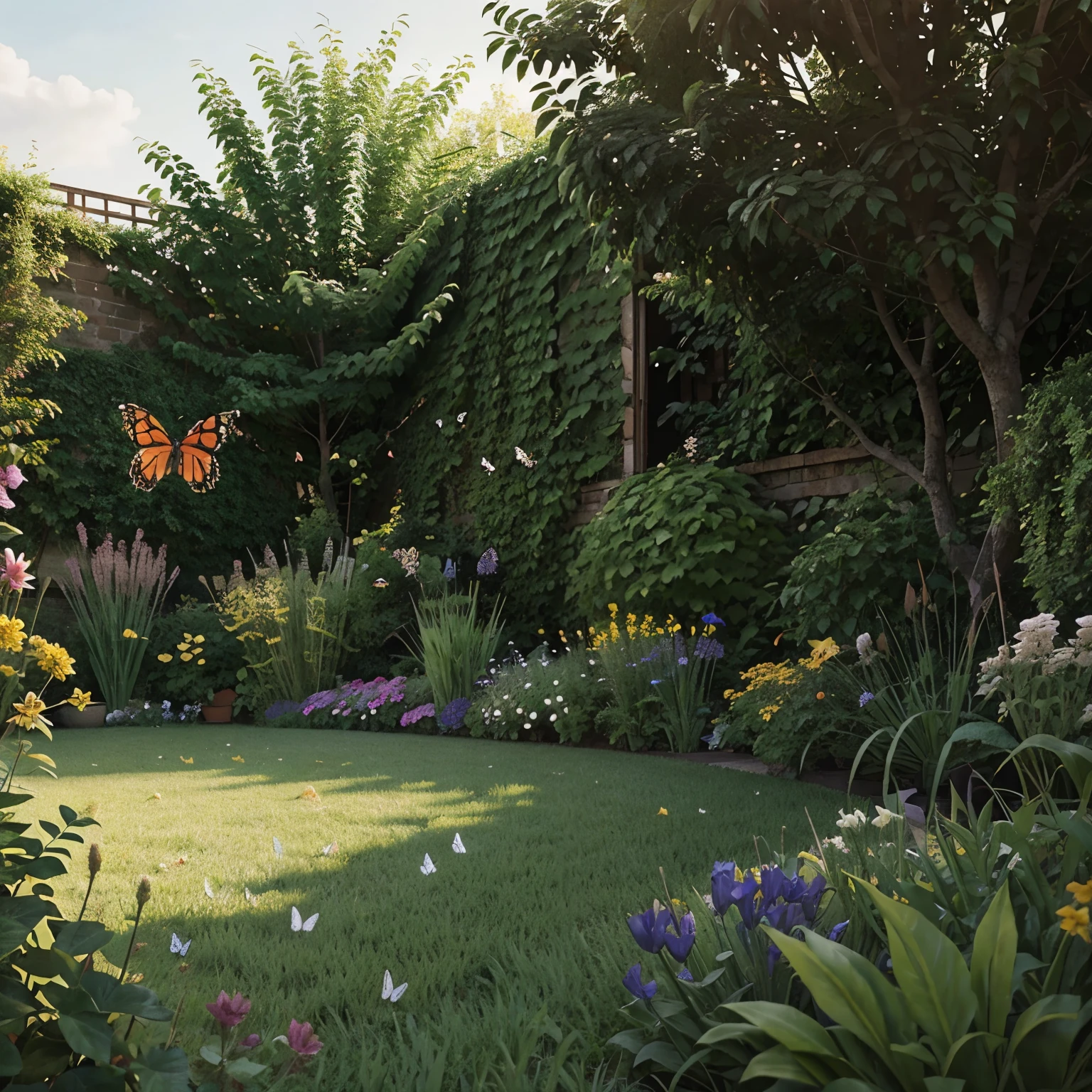Butterflies in simple garden illustration