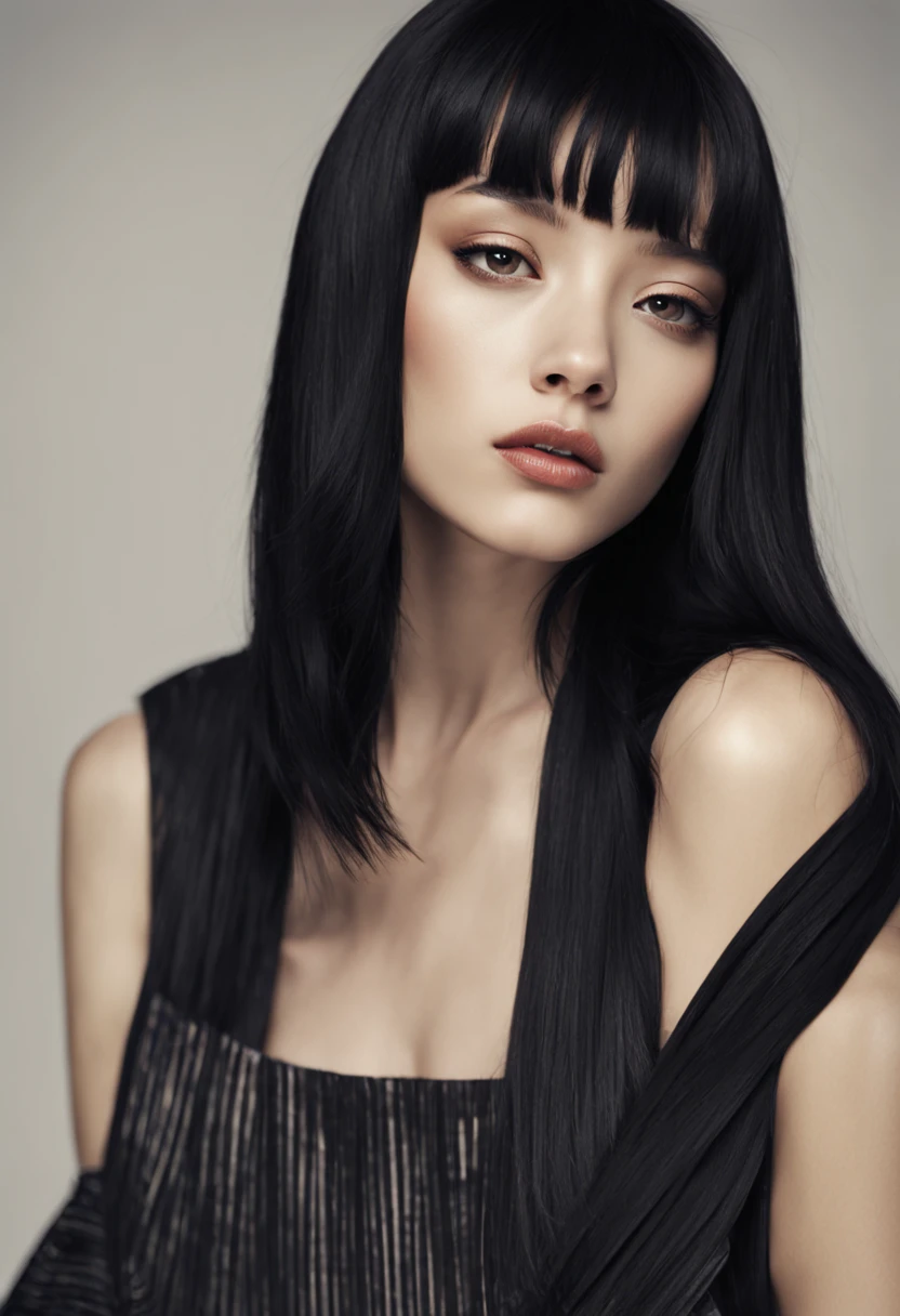 black hair, short bangs on her shoulders (eye color is black), medium-sized lips, sharp facial features, straight hair, woman
