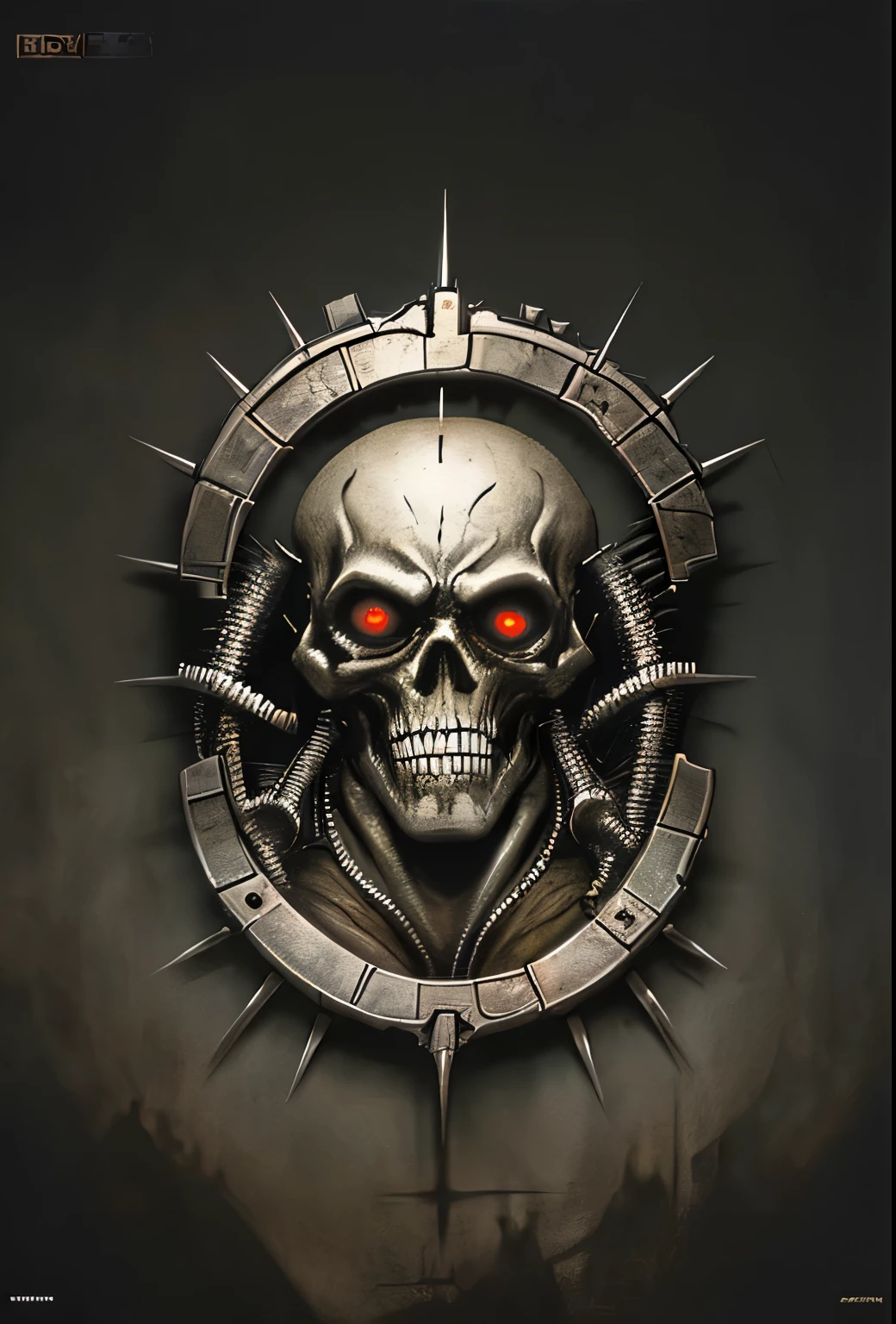 a close up of a poster with a zombie face on it, detailed cover artwork, album art, official artwork, heavy metal artwork, detailed 4k horror artwork, undead. highly detailed, bodyhorror, album artwork, scary detailed art in color, horror!! highly detailed, flesh and metal, heavy metal album cover, death metal album cover, of spiked gears of war skulls