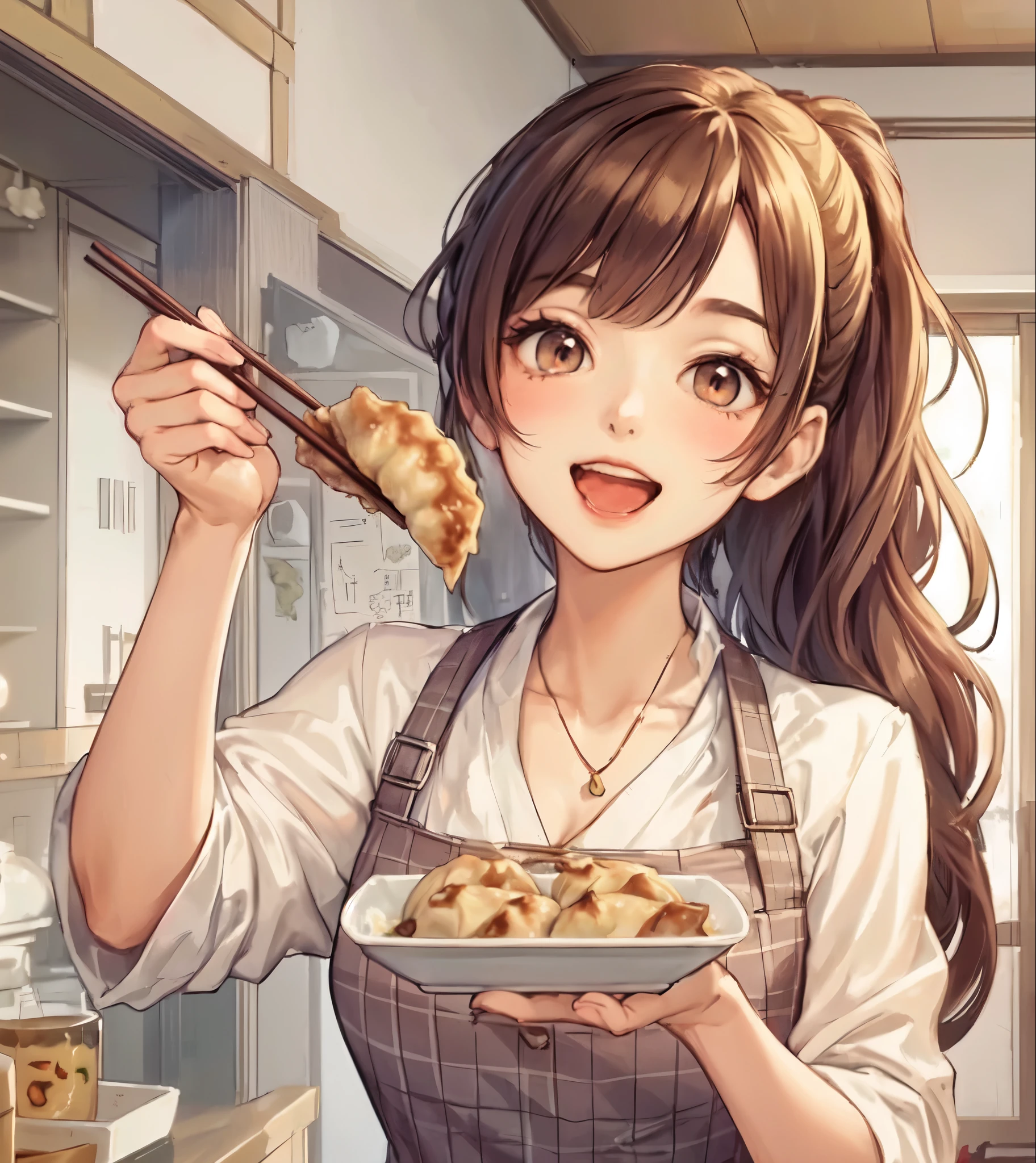 1lady solo, (holding up (gyoza dumplings) with chopsticks:1.2), (presenting dumplings towards viewers), (stylish outfit) apron, mature female, /(brown hair/) bangs, blush happy smile (open mouth), (masterpiece best quality:1.2) delicate illustration ultra-detailed, large breasts BREAK (dumplings baked and sizzling) BREAK (modern house living room) indoors