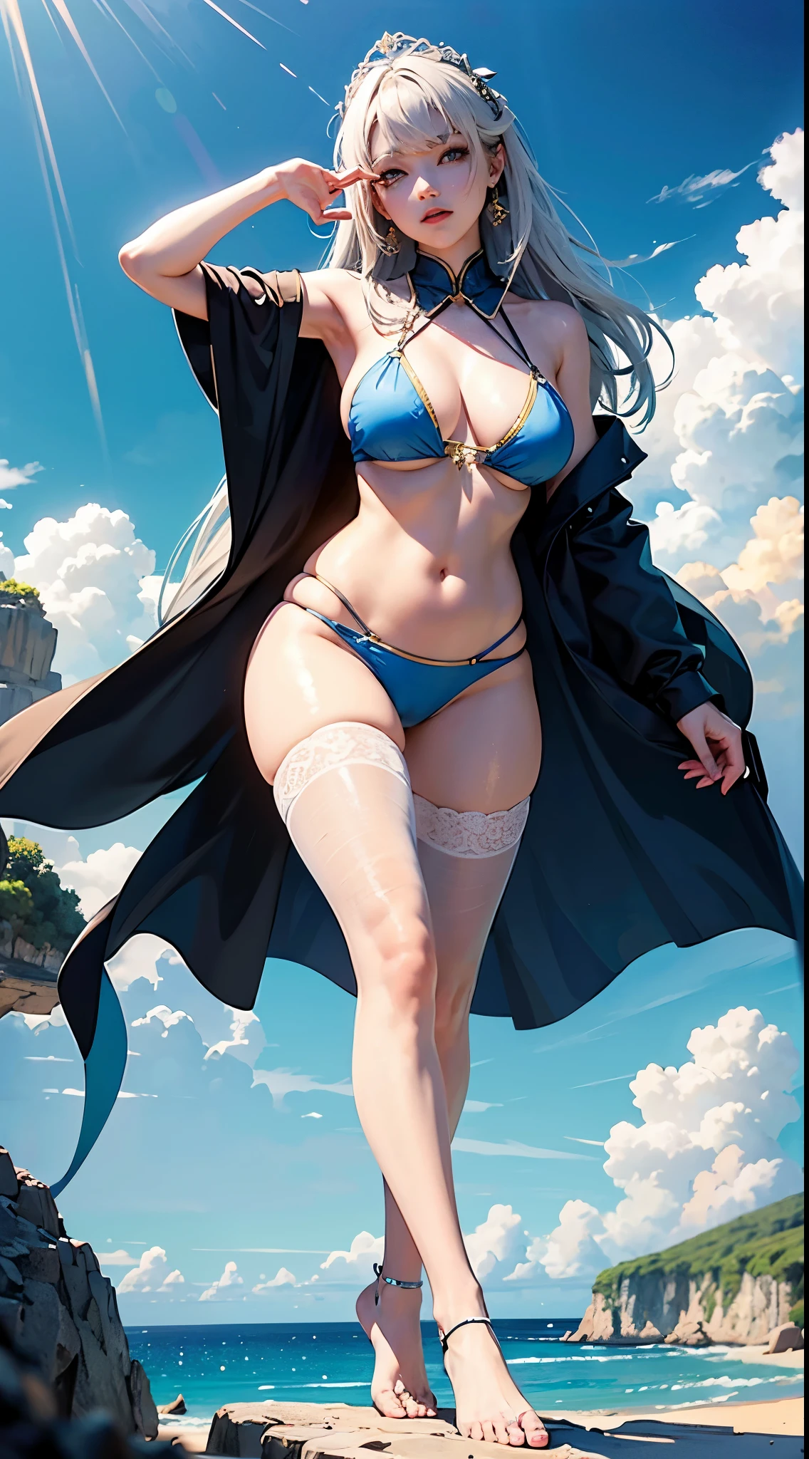 high qulity，tmasterpiece，ultra - detailed，A high resolution，，nabel，比基尼，hand on her own chest，，The halo，full bodyesbian，An extremely delicate and beautiful girl，wide blue eyes，Raised sexy，8K，，Beth，sentado na praia，lacepantyhose,with her mouth open,,Cute nose,Cute and beautiful girl,The legs are relatively long,Big chest,The eyes are relatively large,long whitr hair，The eyeballs are relatively large,Eyes sparkle,Tender feet,The nose is relatively large,white color hair,No shoes，prette,bikini,at a forest,Long legs,超级prette又可爱的脸，jade foot，