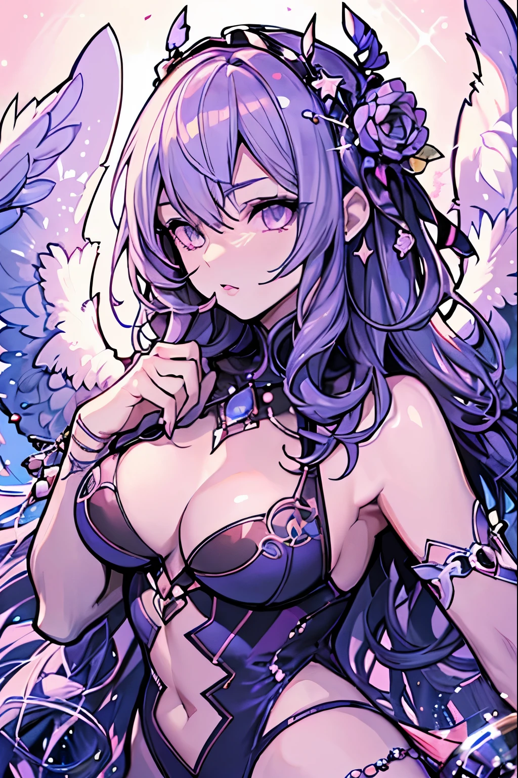 (8K, Best Quality, masutepiece:1.2), 1girl in, Beautiful angel woman, Wings on the back, Circle of Angels, A detailed eye, False lashes, a small nose, Toned body, Glossy thighs, large full breasts, Thumb and four fingers, Anatomically correct fingers, detail portrayal, Lustrous skin, Sparkle,