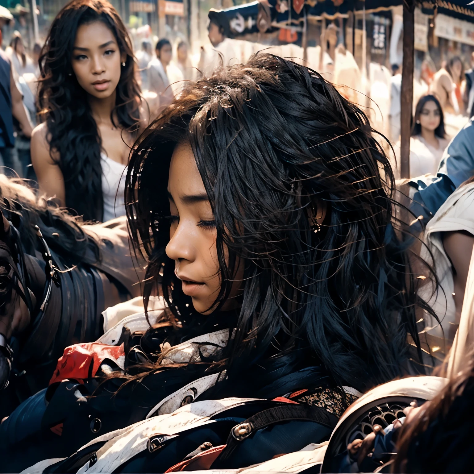 A beautiful woman weakly,One hand protects one's own,Lie down,The neck was pinched,She was crying,She is black, long and straight,Typical Japanese beautiful girl。Pubic hair shows through,Clothes are not covered,The other hand is held by someone else,There were a lot of people watching,everyone looks at her,Private part facing forward