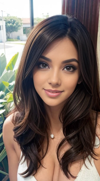 Mujer sexy con sujetador de encaje, pechos demasiado grandes, labios rojos intensos, inclinada hacia adelante en primer plano, brazo hacia atras, senos, mommy, latina, cabello largo lacio, ojos azules, SFW, lactando, cabello color cafe, sonrisa, dientes blancos hermosos