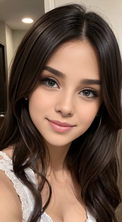 Mujer sexy con sujetador de encaje, pechos demasiado grandes, labios rojos intensos, inclinada hacia adelante en primer plano, brazo hacia atras, senos, mommy, latina, cabello largo lacio, ojos azules, SFW, lactando, cabello color cafe, sonrisa, dientes blancos hermosos