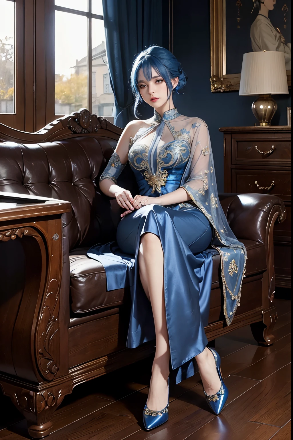 An image of a beautiful lady with striking blue hair, her face is well-balanced with a faint smile. She’s dressed in an elegant silk dress with ornate embellishments. Her look is completed with leather pumps and the light reflection on the floor adds depth to the scene