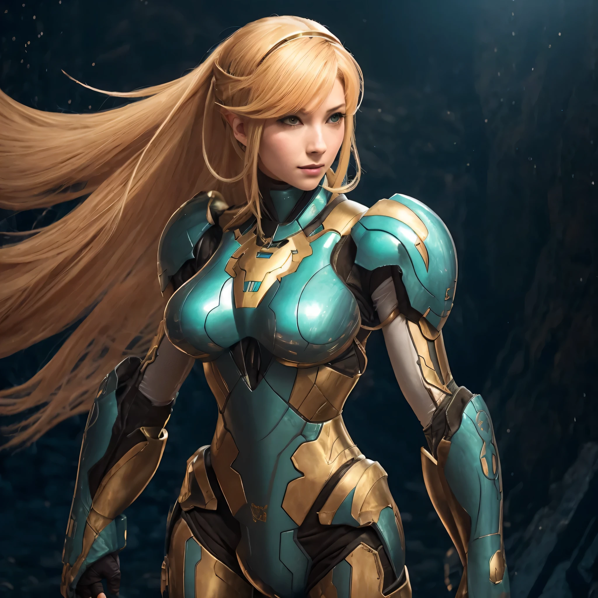 un gros plan d'une femme dans un costume futuriste aux cheveux longs, Portrait de la belle Samus Aran, samus aran fanart, samus aran, samus, Costume Varia Bioorganic de Samus Aran, zero suit samus, Fille en mecha cyber armor, Fille des Chevaliers du Zodiaque, high quality digital concept art, portrait Fille des Chevaliers du Zodiaque, Armor Girl