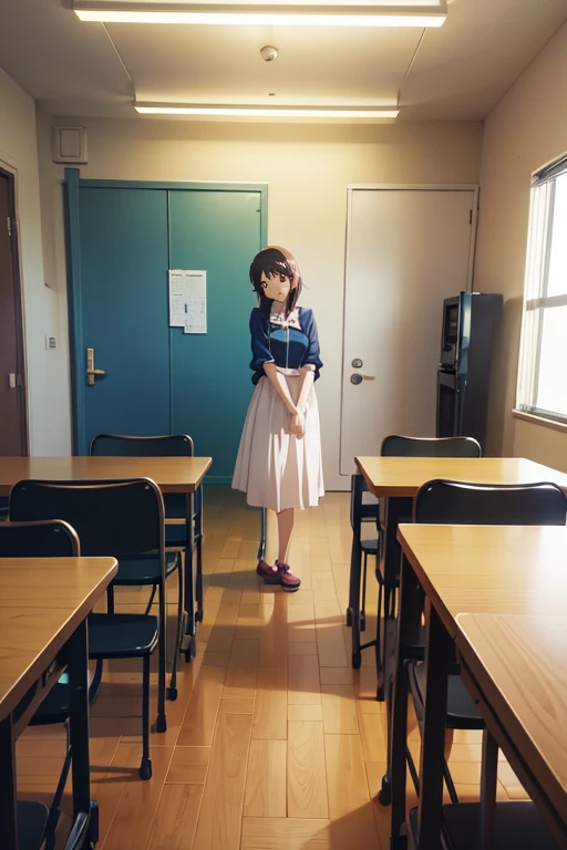 There is a woman standing in a room with a table and a bench, typical anime classroom, anime scene, screenshot from the anime film, Madhouse Studio anime style, stans;doors, TV animation stills, stans ; doors, Greengar, 命运之石之doors, in the anime film, Screenshot of the 2012 animation, kyoto animation still