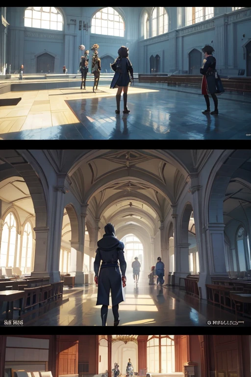 Characters stand in a large room with statues, screenshot from the anime film, anime movie screenshot, Screenshot of the 2012 animation, in the anime film, TV animation stills, Still from anime, Kuro anime screenshots, anime movie scene, Today’s recommended anime is still, anime scene, fire emblem three houses