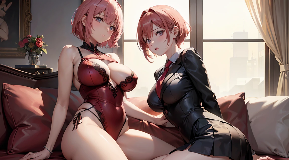 (top-quality,High resolution,(Ultra high definition,4K), (超A high resolution,in 8K),masutepiece:1.2), (Perfect Anatomy,Anatomically accurate), (Angle from below), (Soft lighting, rendered), ((very cute mother and daughter)), ((Sitting on a sofa in the lobby of a luxury hotel, itting open legs)), ((High School Sailor Uniform)), ass forcus, (Red lace panties), (fascinated expression), (Crisp double eyelids), (Large breasts:1.3), (Soft skin), (Photorealistic), (Glowing skin), (pinkhair), (Pixie Cut)