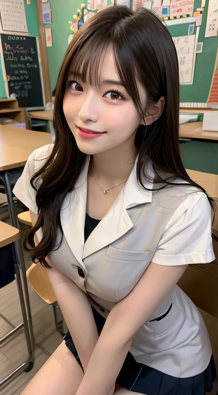 masutepiece, Best Quality, Illustration, Ultra-detailed, finely detail, hight resolution, 8K Wallpaper, Perfect dynamic composition, Beautiful detailed eyes, ,Medium Hair, Big breasts, Natural Color Lip, Random and sexy poses,Smile、20 years girl、　After-school classroom、　high school giller suit、a miniskirt、Loose socks、