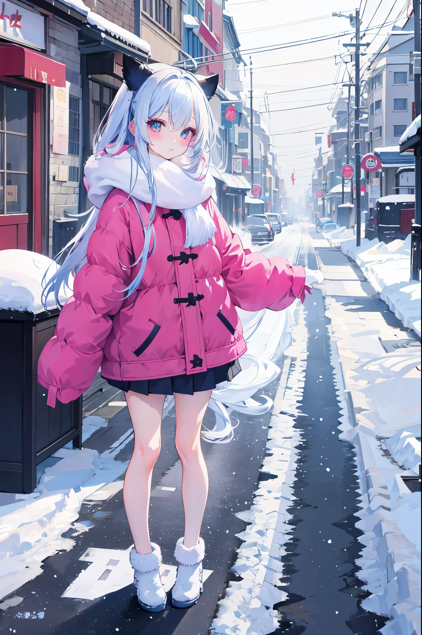 Top image quality、1girl in、Gradient Hair、Winter clothes、Snowy street corner、Will、Powder snow、Accumulation of snow、natta
