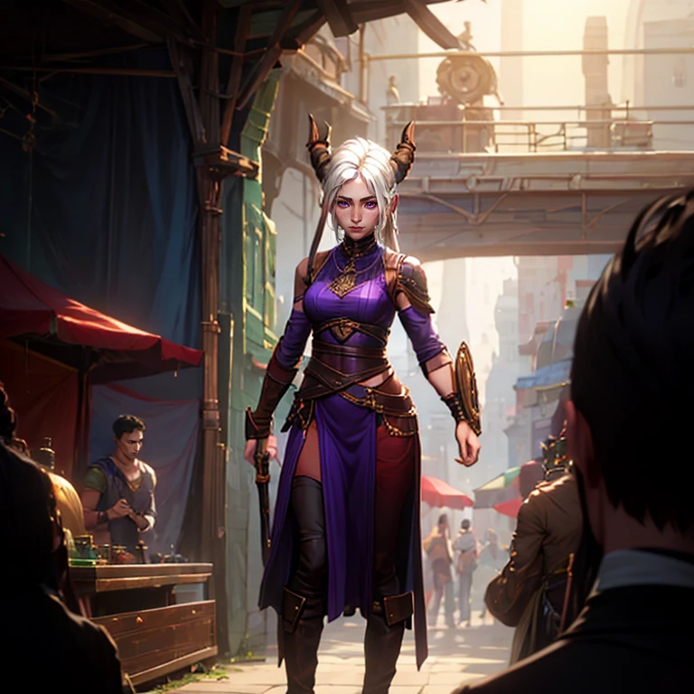 masterpiece, highest quality, (full body view), (perfect face:1.1), (high detail:1.1), (hyper detailed eyes), a tiefling woman with pale white skin and long voluminous white hair, 25 years old, purple eyes, long hair, purple horns, toned body, athletic body, metal-plated armor, friendly expression, happy, talking to a crowd, crowded market place,  fantasy setting, detailed background, cinematic lighting