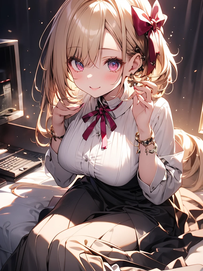 masterpiece, absurdres, best quality, ultra detailed, high Resolution, detailed illustration, extremely beautiful detailed face and eyes, bright colour, 1girl, (li), cute face, Delicate beautiful face, magenta eyes, cute eyes, sparkling eyes, big eyes, medium breasts, (perky breasts:1.1), (pointy breasts:1.1), medium hips, glamorous body, white skin, smile, BREAK, long bob cut, (blonde hair:0.8), messy hair, detailed hair, shiny hair, BREAK suit, long skirt, tiny ribbon, calling from a landline, office, real world, natural lights, perfect lighting,
