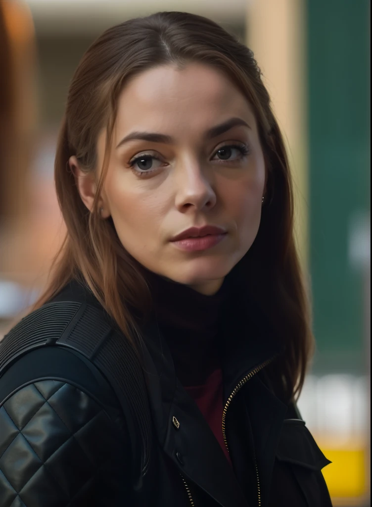 um close de uma mulher com cabelo comprido e um homem olhando para ela, Olya Bossak, Sidnei Sweeney, Dinah Drake, Emma Stone como Mulher-Gato, wanda maximoff, Taran Dasha, atraente, Shallan Davar, ela usa jaqueta de couro, Chance, captura de tela de um filme, mas um olhar severo sobre ela