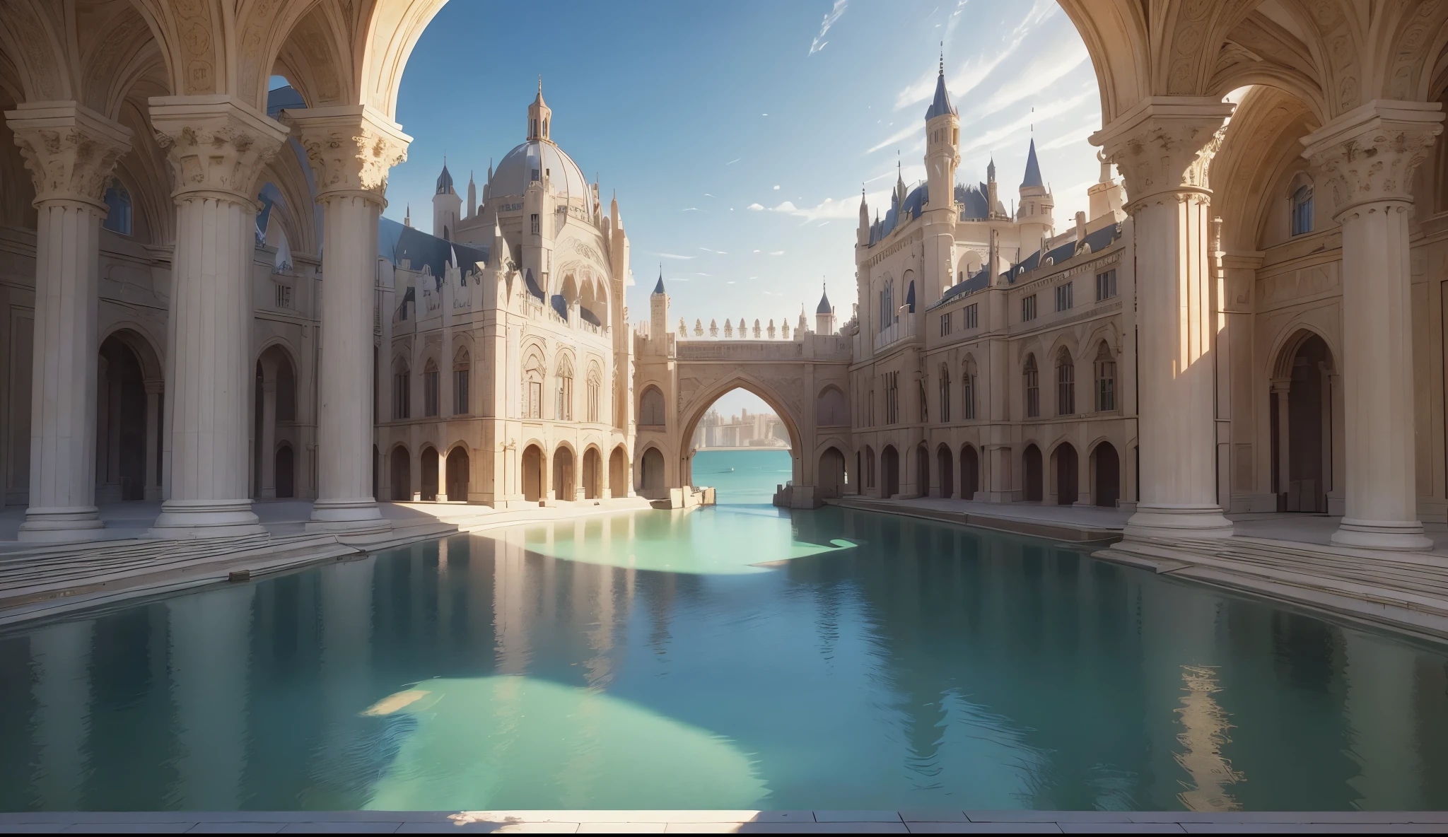 buliding,tmasterpiece, quality, Best quality at best, offcial art, Beautiful and beautiful:1.2, extremely detaile, (s fractal art:1.3) Western European medieval style的皇宫, Age of Discovery Medieval Palace,palace by the bay,There are palaces and gardens,Western European medieval style,,The distant ocean meets the sky,