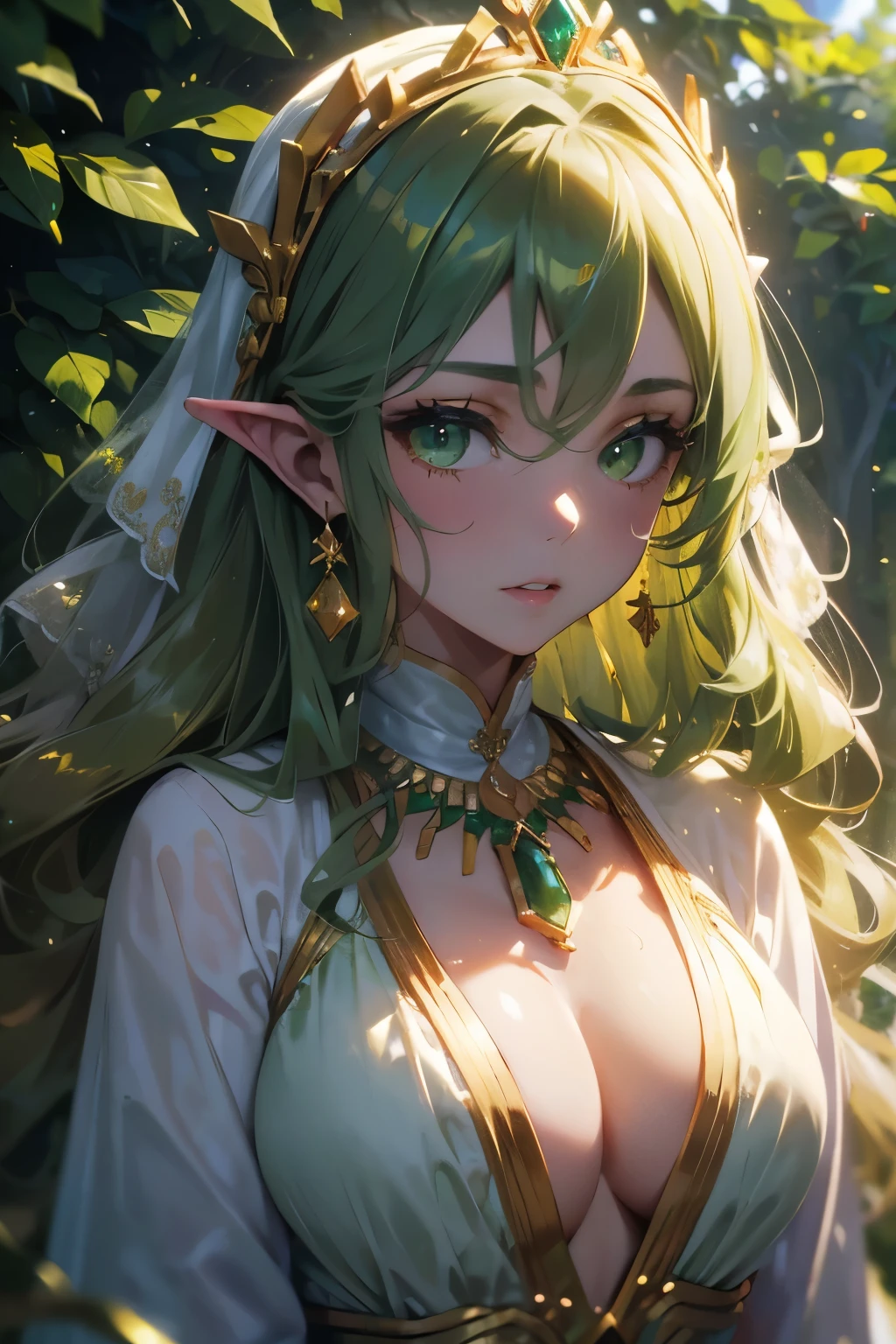 ((masterpiece,hight resolution,8K picture quality,top-quality)),1girl in,((extra detailed face)),elvish,Delicate eyes,((Green eyes),((hairstyle on:Long Wave,strong wavy hair,stiff wavy hair,Yellow head hair)),Dramatic makeup,natural ethnic costumes,Natural complexion,large full breasts,ln the forest,waterside,flower bloom,emerald and gold headdress,emerald and gold necklace,smil,Say a Prayer,(full bodyesbian)
