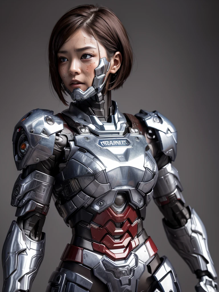 Textured skin, Super Detail, high details, High quality, Best Quality, hight resolution, 1080p, hard disk, Beautiful,(War Machine),beautiful cyborg woman,Red Mecha Cyborg Girl,Very Shorthair、sweaty brown eyes、sexy eye、　embarassed expression　Opening Mouth　Moist eyes　Kindergarten Girls　　(Fulll body Shot)Looks spicy　(The limit of patience)  Looking up