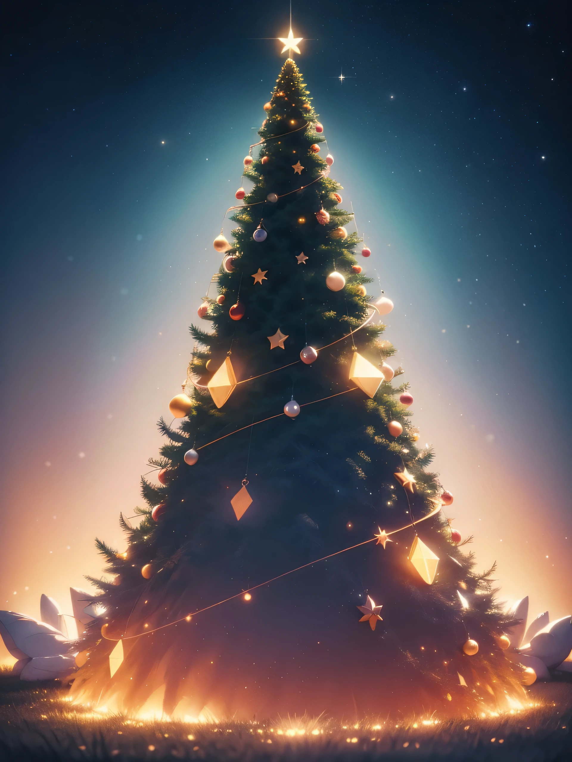 Christmas tree, mistic, chill, without humans, handpainted, light and shadows, a fairy dust, dream