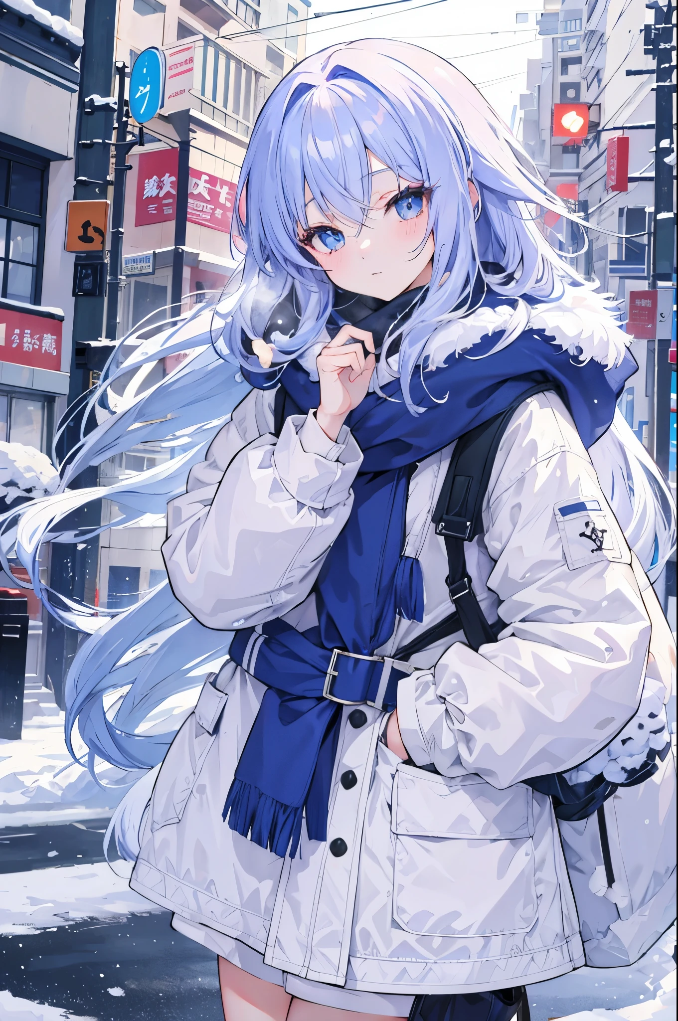 Top image quality、1girl in、Gradient Hair、Winter clothes、Snowy street corner、Will、Powder snow、Accumulation of snow、natta