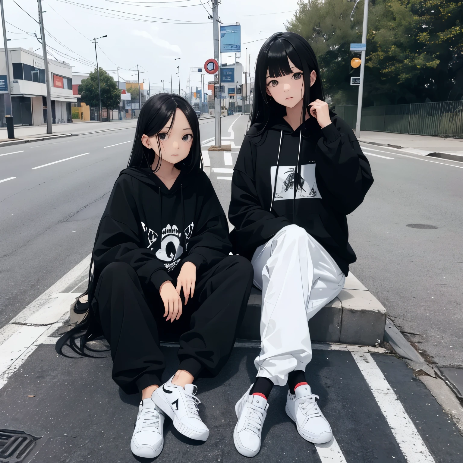 Two beautiful and cute girls, long black hair, black and white hoodie, trousers, sneakers, tall, decent, roadside, sit
