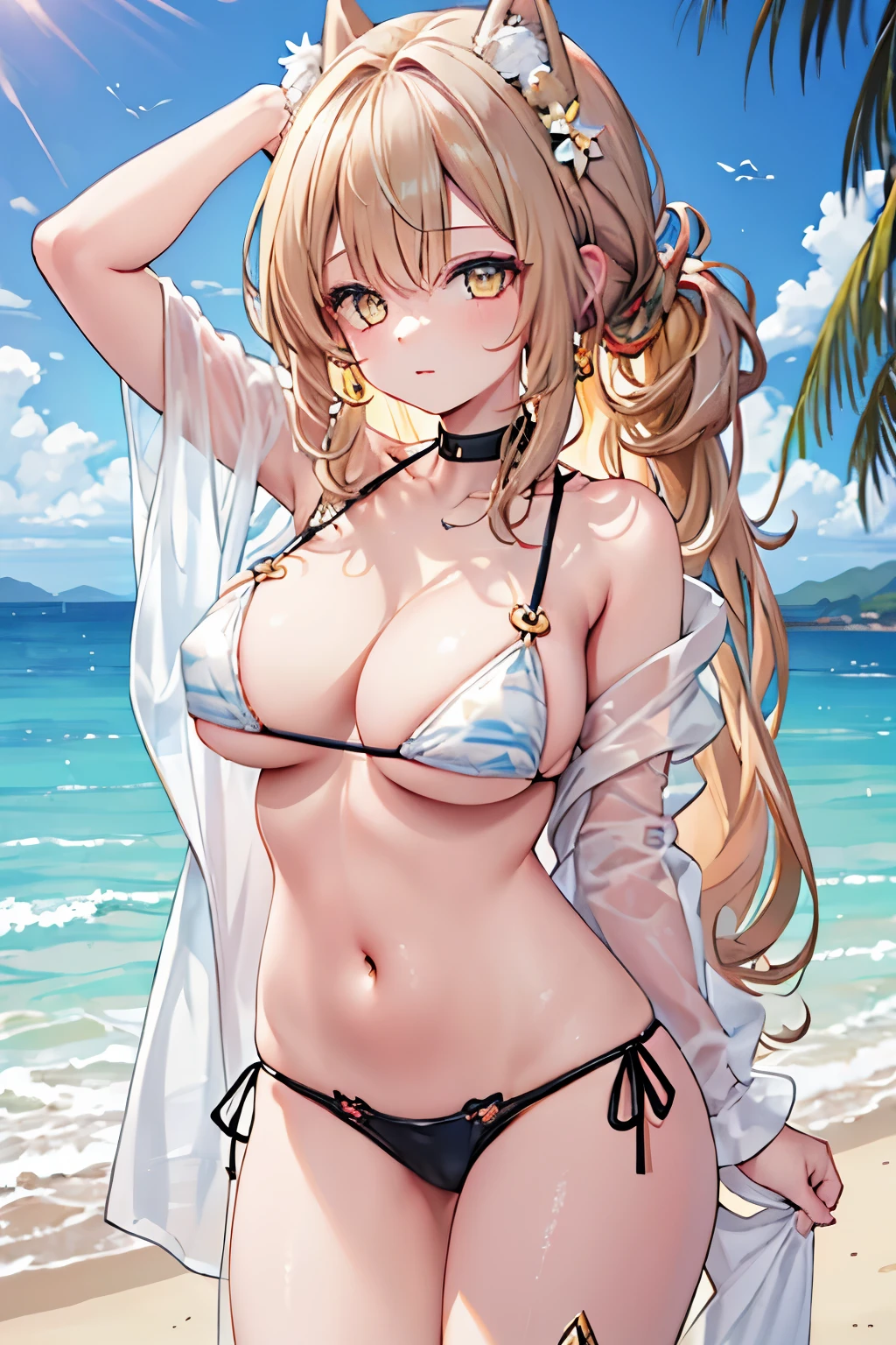 ((best quality)), ((masterpiece)), (detailed), perfect face, cute, (blonde long hair), ((yellow eyes), sexy bikini, Beach background