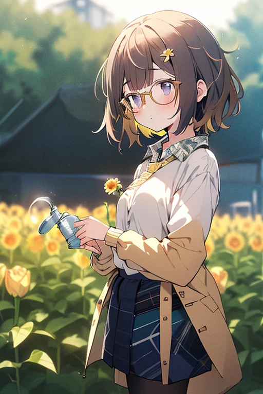 ultra-detailed brushstrokes and vivid colors. The image has the best quality and resolution (4k or 8k), melfissacasual, collared shirt, short hair, brown mix yellow hair, glasses, coat, black skirt, pantyhose, (empty eyes), gentle inhaling the scent of flowers, stary pupils, little white flower, upclose face, warm, smailing, little blushing(flowerouquet, daisy, dandelion, flower, flower_field, holding_bouquet, orange_flower, sunflower, white_flower, yellow_flower, yellow_rose, field, lily_\(flower\), tulip, holding_flower, hydrangea, blue_flower, snail, vase, green_flower, rose, lily_of_the_valley, purple_flower, leaf, watering_can,petals, solo, flower_pot, white_rose, holding, flowers